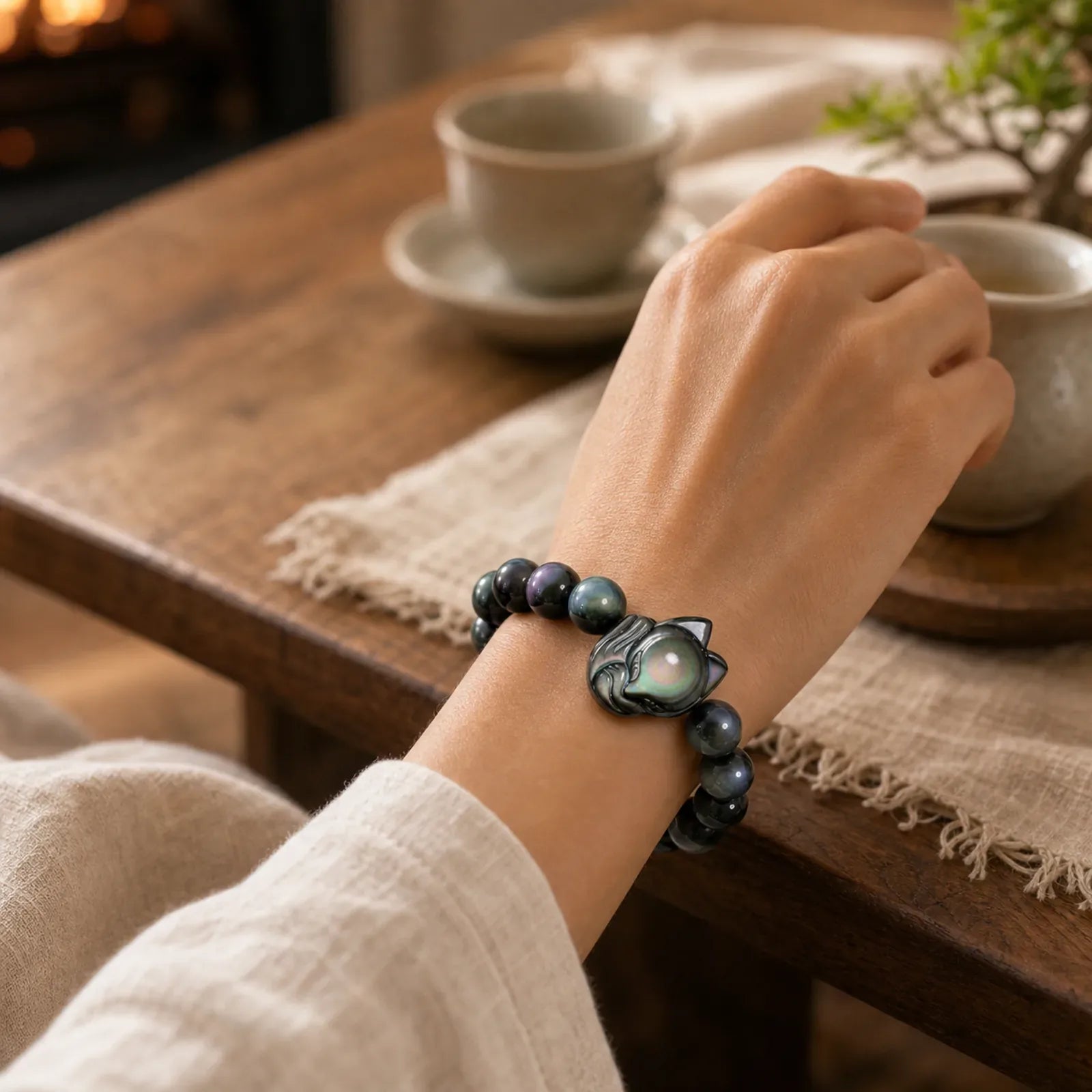 Rainbow Obsidian Fox Healing Positive Bracelet featuring