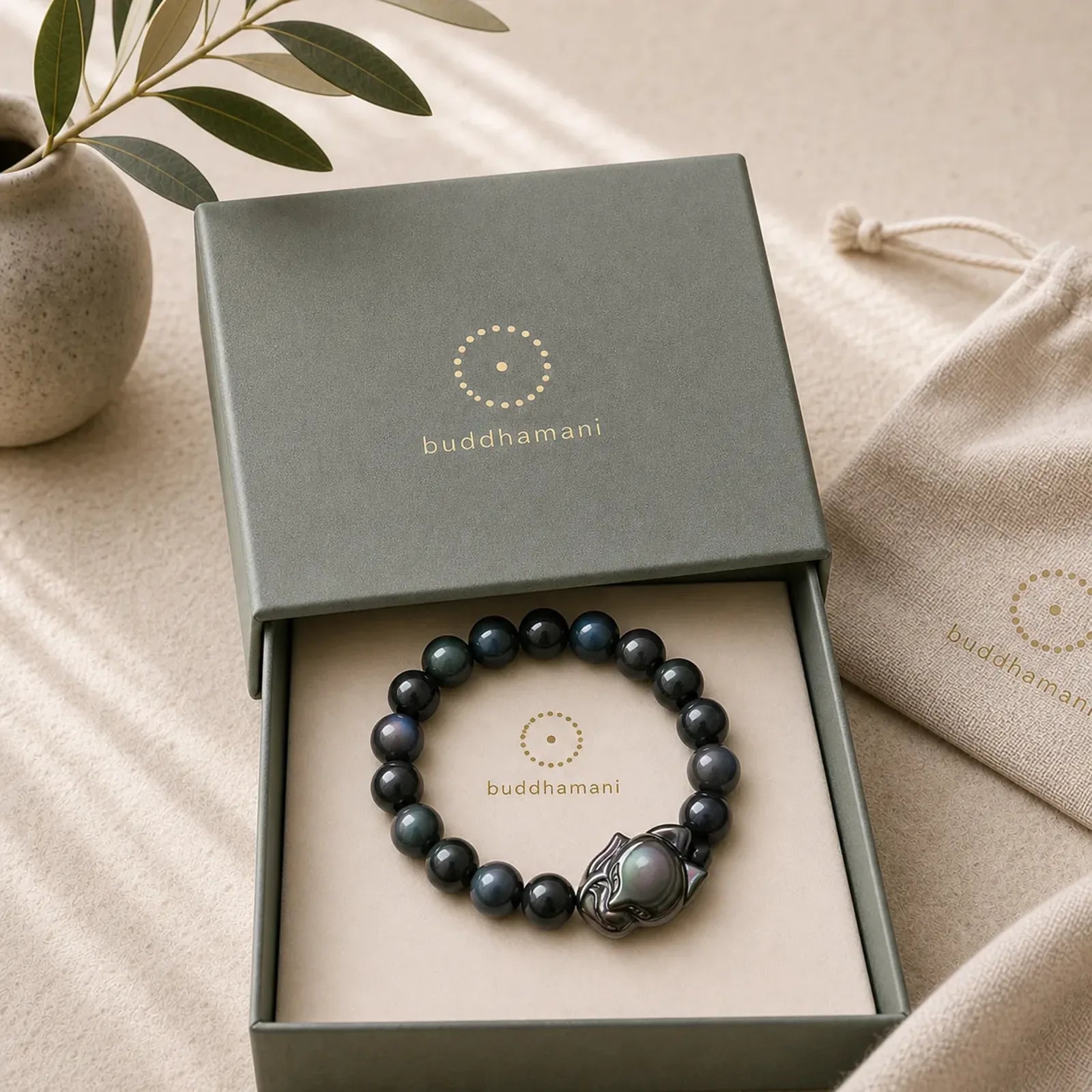 Rainbow Obsidian Fox Healing Positive Bracelet featuring