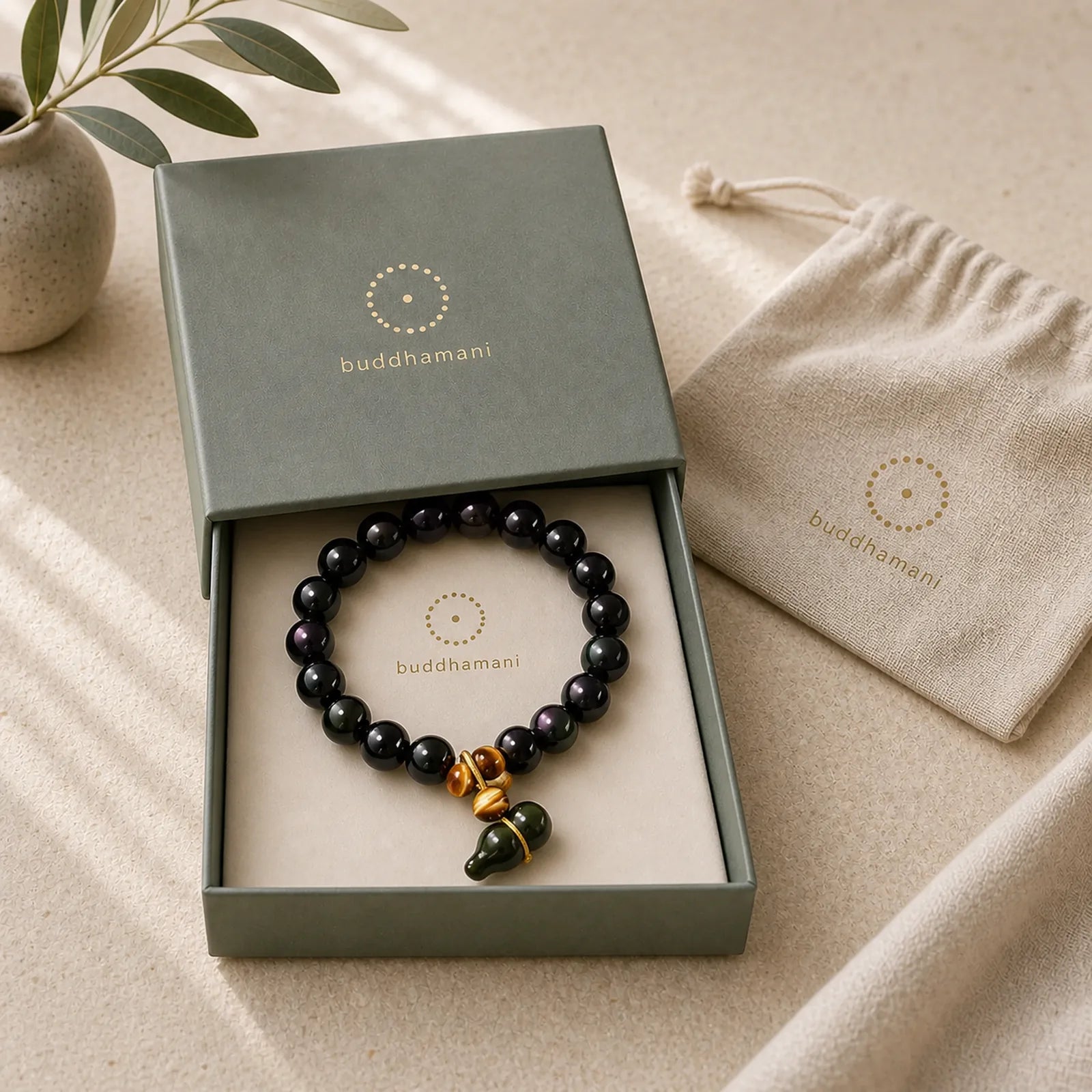 Rainbow Obsidian Gourd Protection Vintage Chinese Bracelet featuring Rainbow Obsidian, Tiger Eye