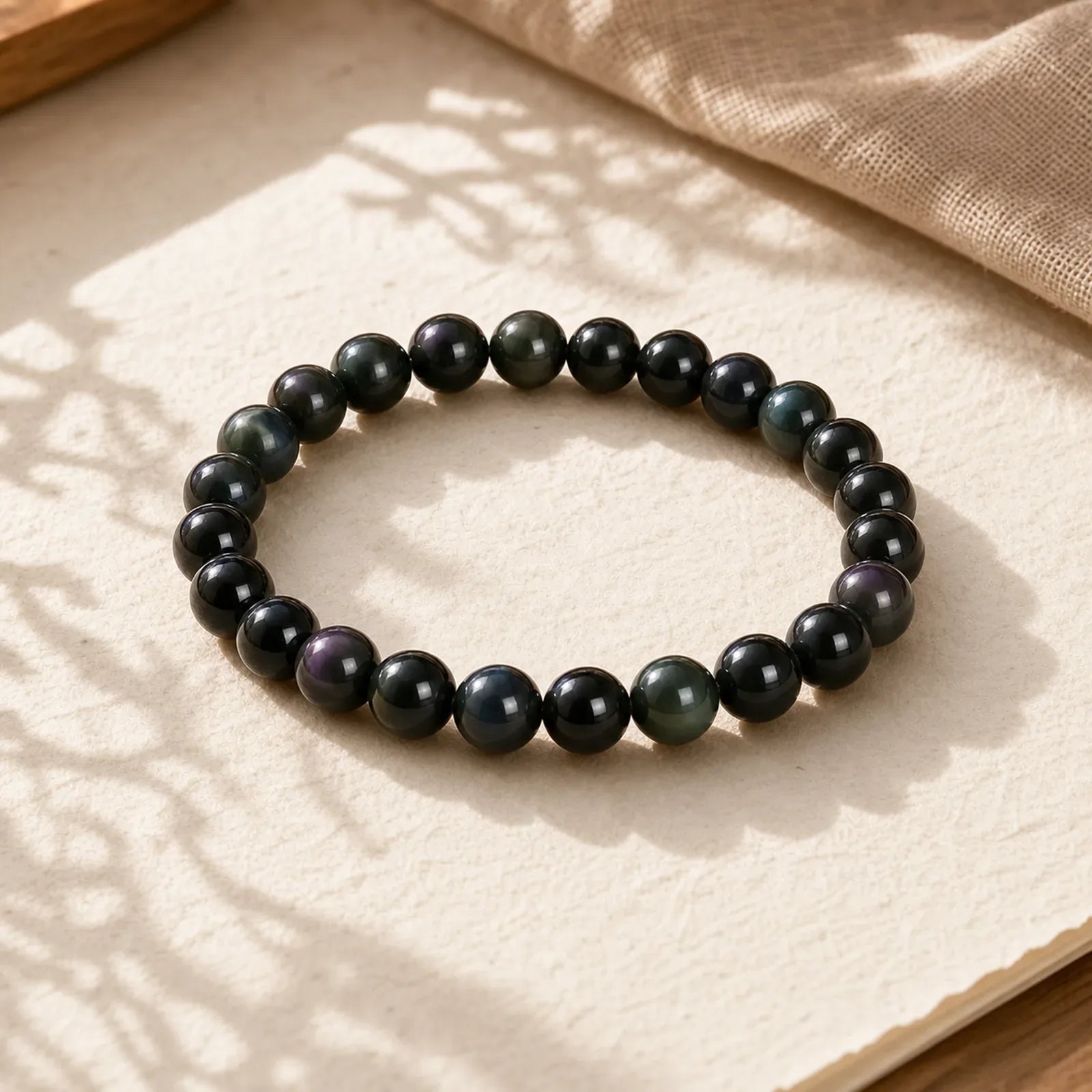 Rainbow Obsidian Yin Yang Balance Round Bead Bracelet featuring Rainbow Obsidian, Yin Yang Symbol, Black Obsidian
