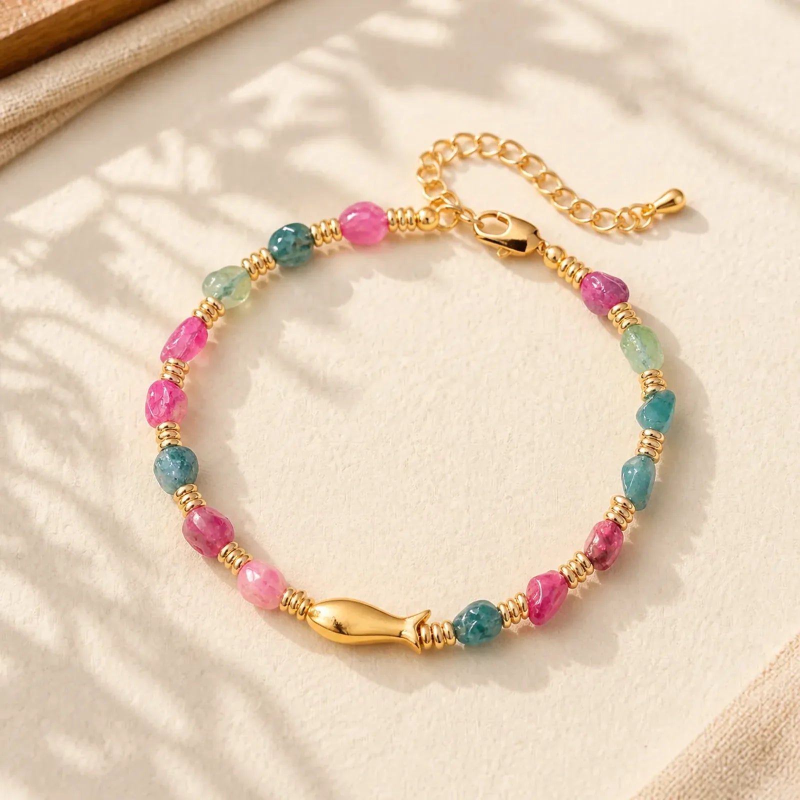 Rainbow Tourmaline Koi Fish Positive Rough Cut Bracelet featuring Tourmaline, Koi Fish, Yin Yang Symbol