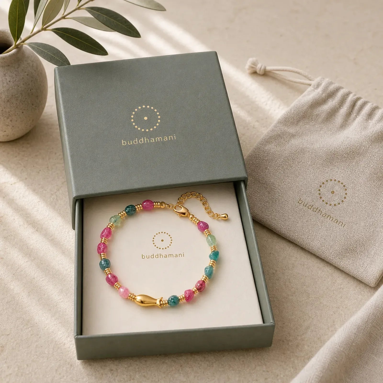 Rainbow Tourmaline Koi Fish Positive Rough Cut Bracelet featuring Tourmaline, Koi Fish, Yin Yang Symbol