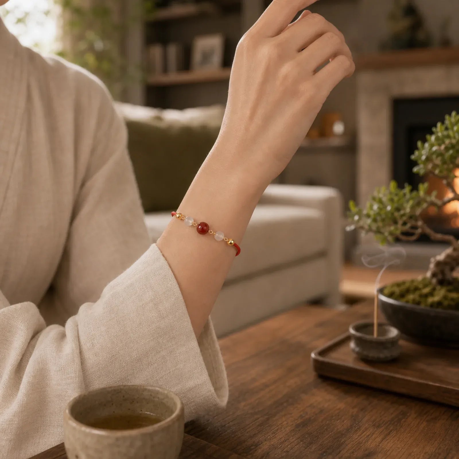 Red Agate Cat Eye Braided String Confidence Bracelet featuring Red Agate, Red String, Copper