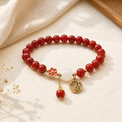 Red Agate Fu Character Flower Confidence Luck Bracelet featuring Red Agate, Fu Character, Copper