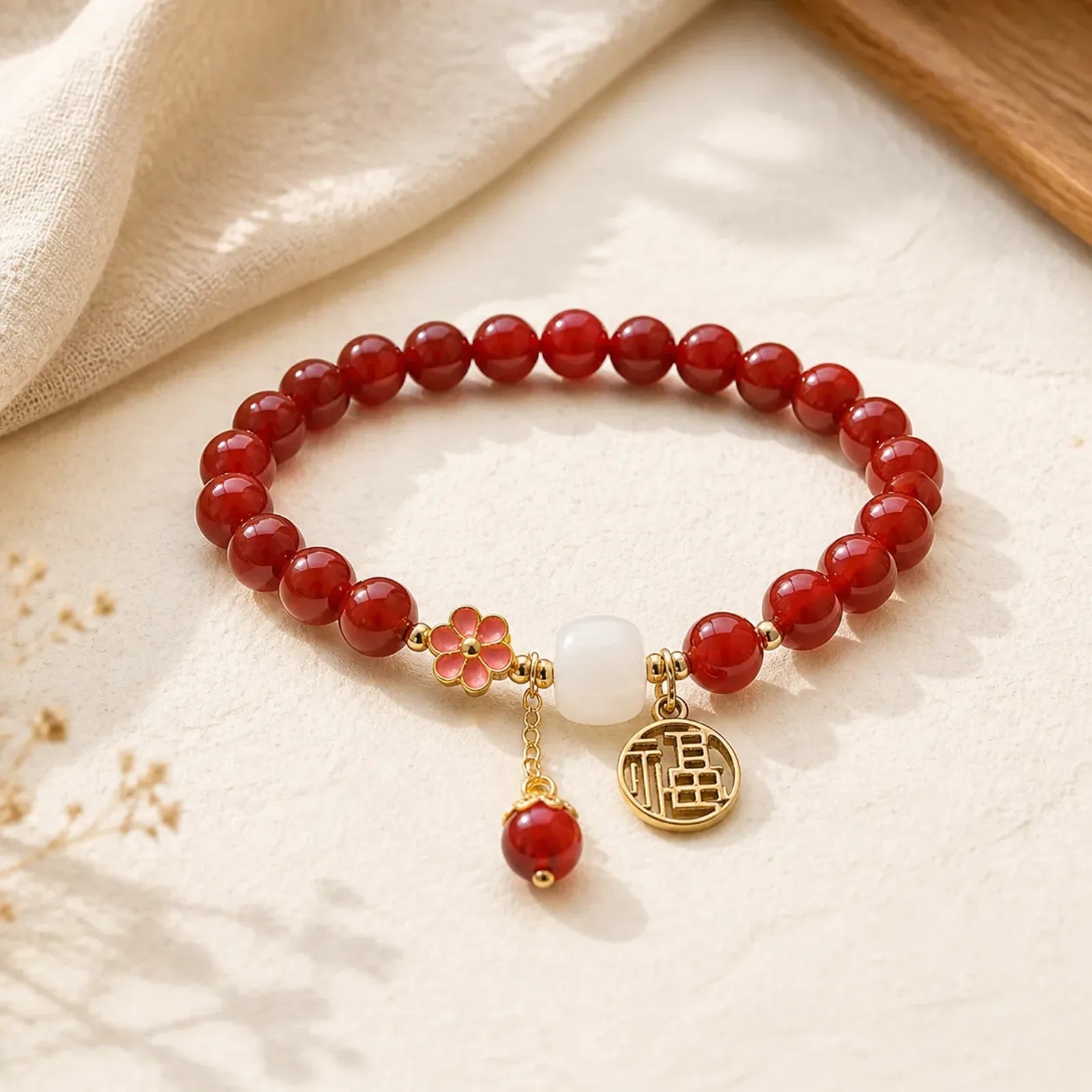 Red Agate Fu Character Flower Confidence Luck Bracelet featuring Red Agate, Fu Character, Copper