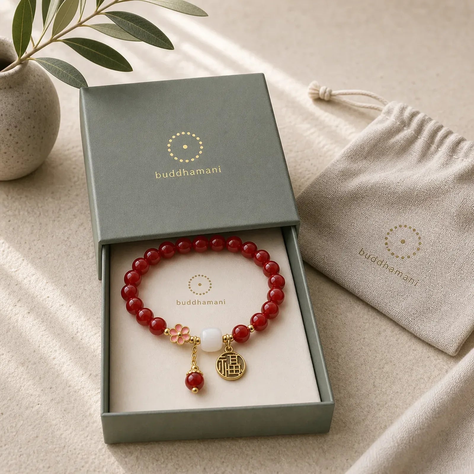 Red Agate Fu Character Flower Confidence Luck Bracelet featuring Red Agate, Fu Character, Copper