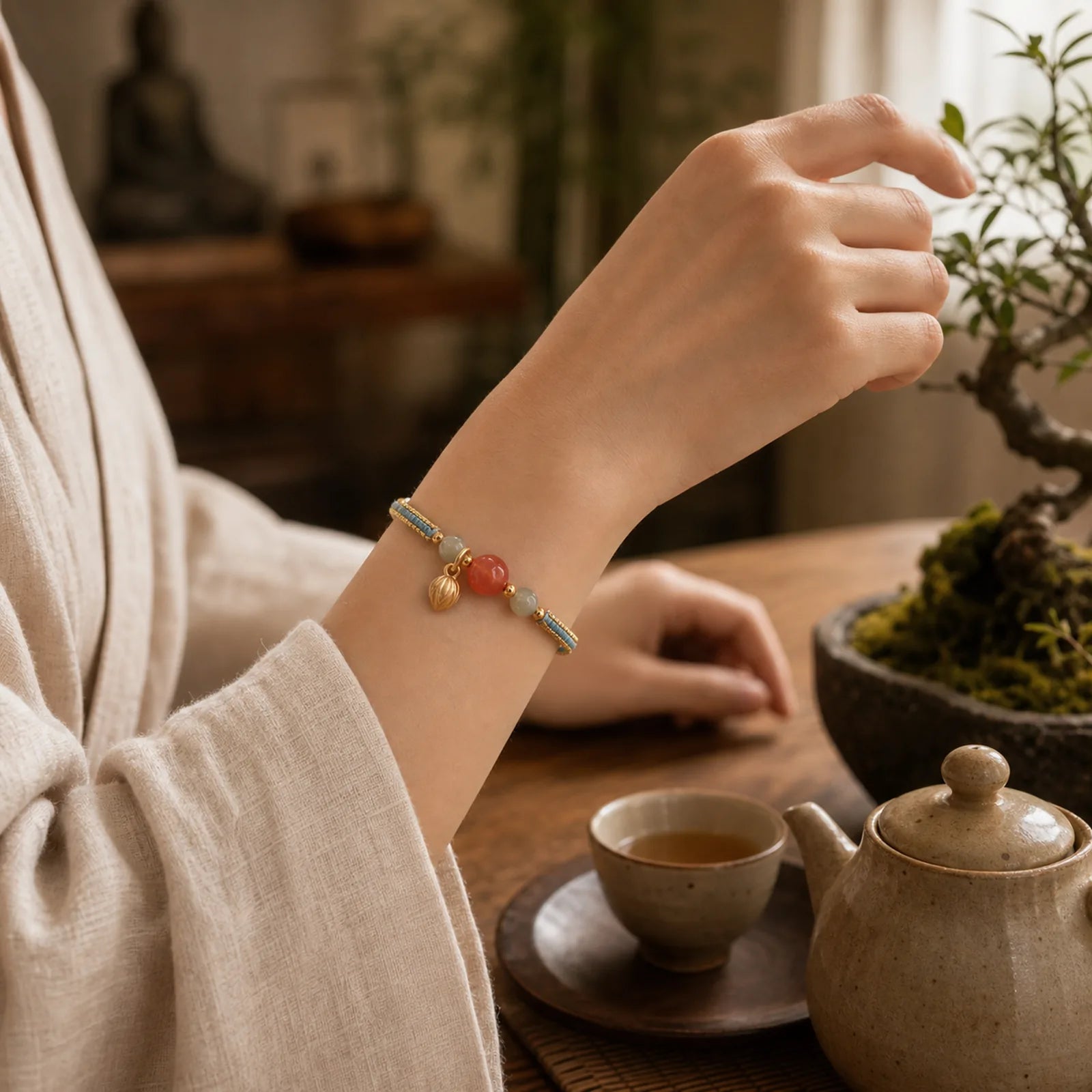 Red Agate Jade Lotus Confidence Calm String Bracelet featuring Red Agate, Jade, Lotus