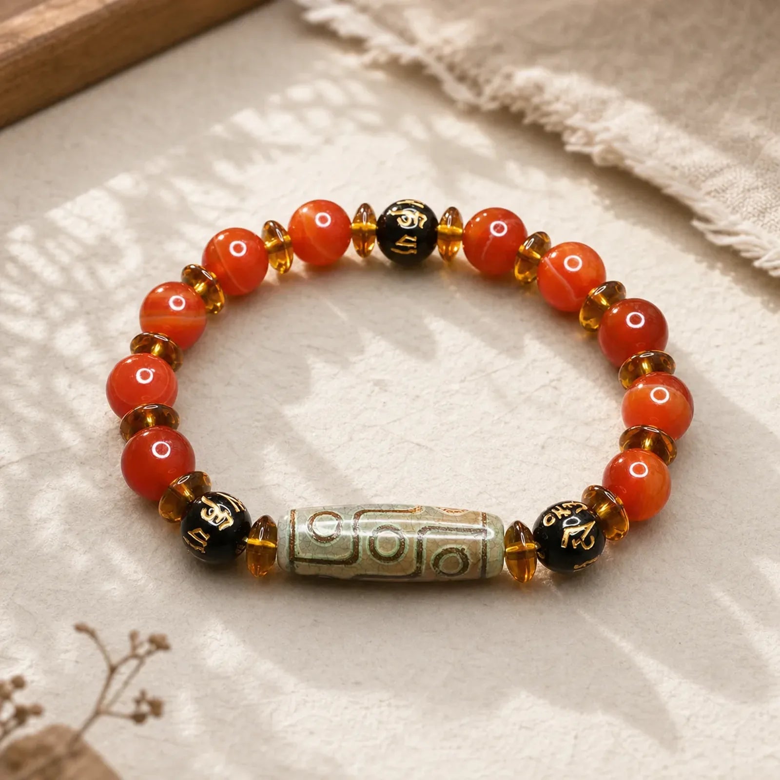 Red Agate Nine-eye Dzi Bead Six True Words Calm Bracelet featuring Red Agate, Nine-Eye Dzi Bead, Dzi Bead