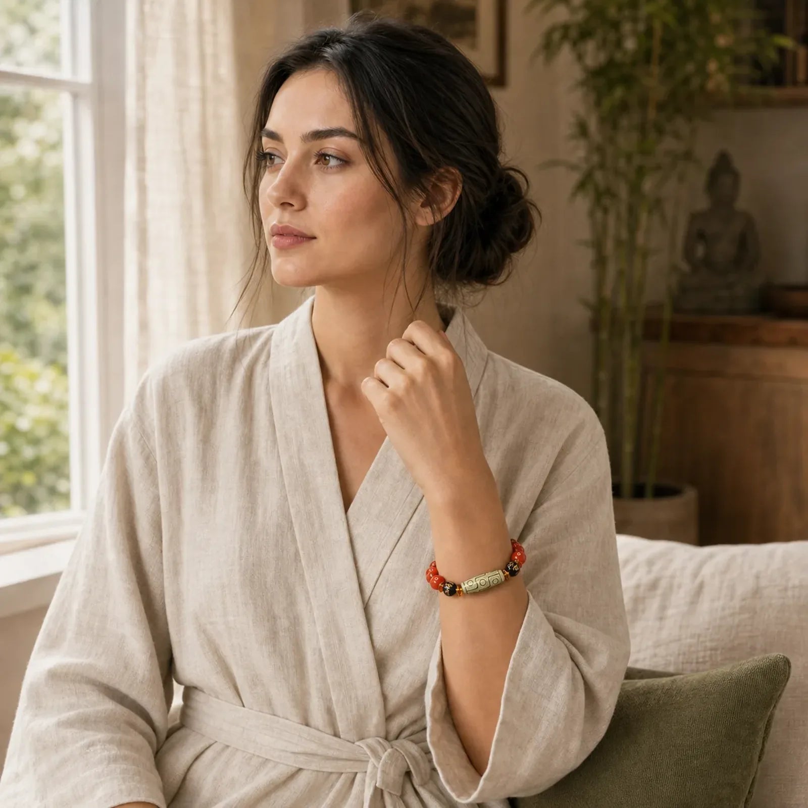 Red Agate Nine-eye Dzi Bead Six True Words Calm Bracelet featuring Red Agate, Nine-Eye Dzi Bead, Dzi Bead
