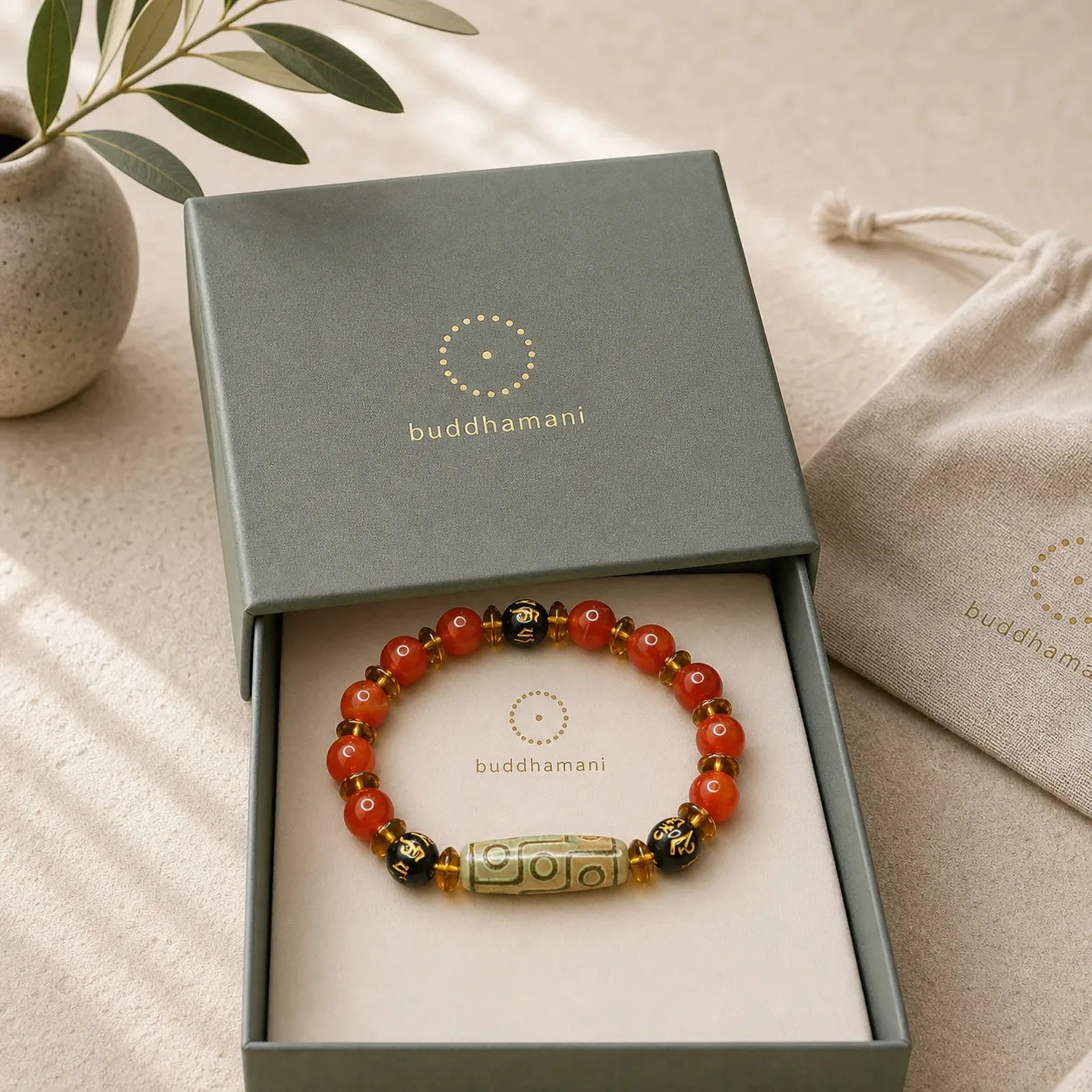 Red Agate Nine-eye Dzi Bead Six True Words Calm Bracelet featuring Red Agate, Nine-Eye Dzi Bead, Dzi Bead