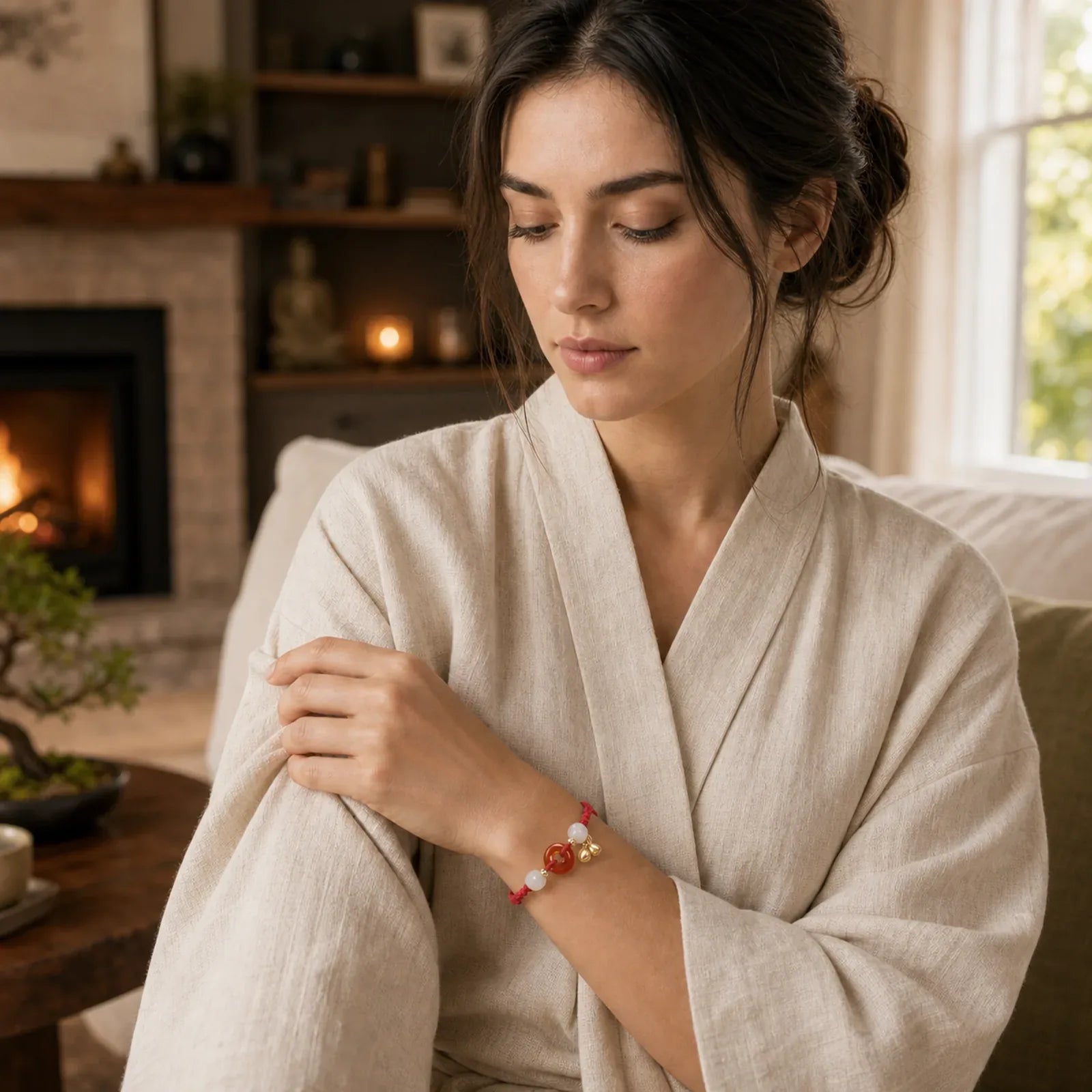 Red Agate Peace Buckle Jade Lotus Healing Braided Bracelet featuring Red Agate, Peace Buckle, Jade