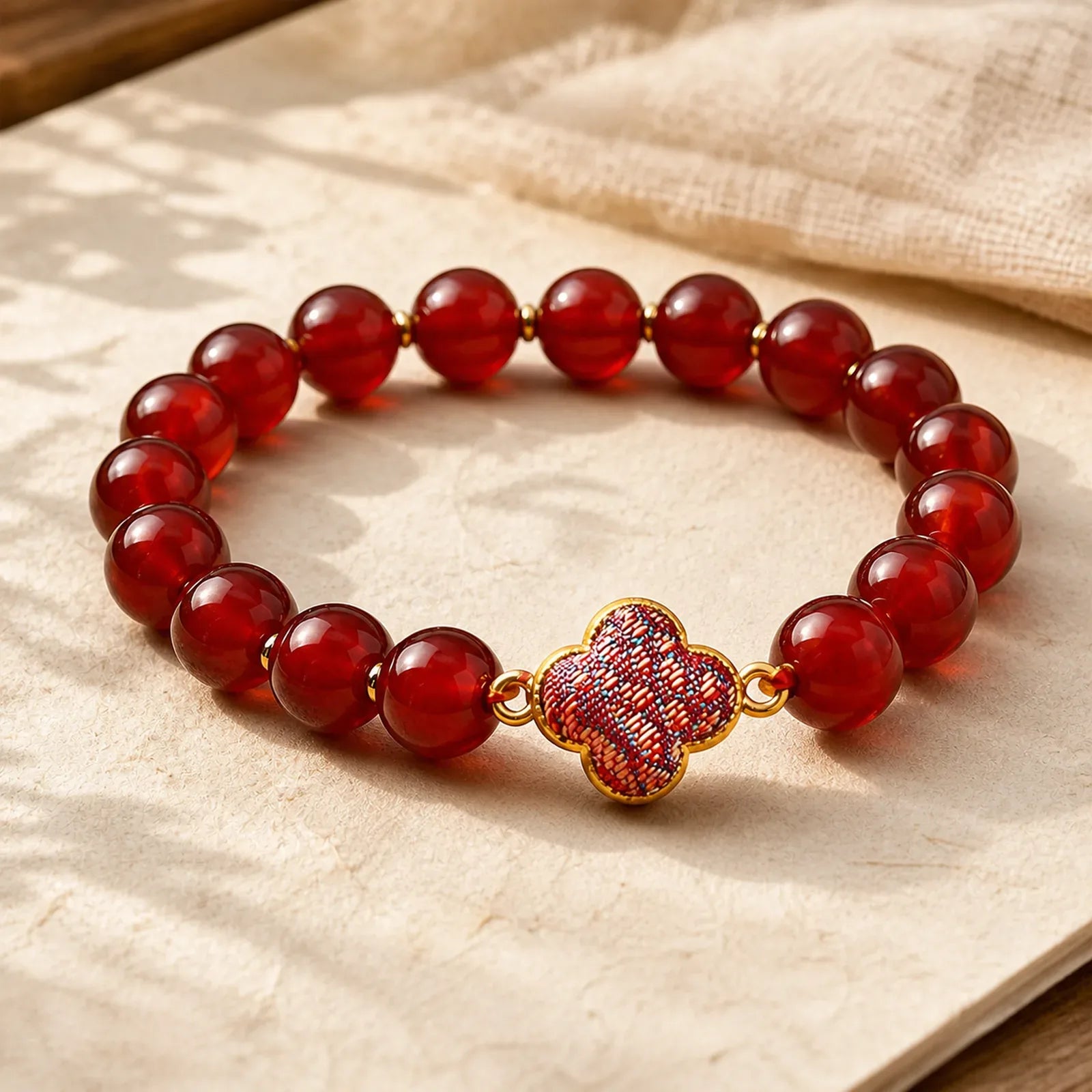 Red Agate Song Brocade Four-leaf Clover Blessing Charm Bracelet featuring Red Agate, Copper