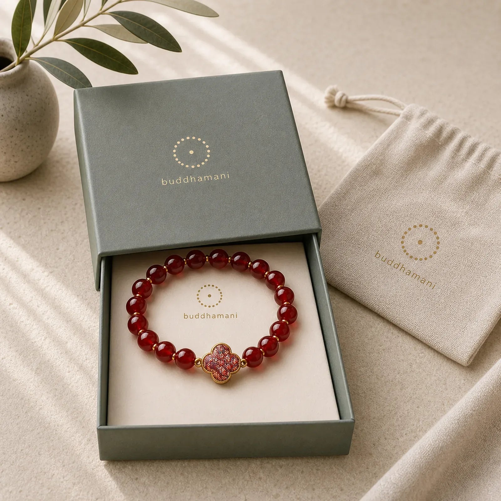 Red Agate Song Brocade Four-leaf Clover Blessing Charm Bracelet featuring Red Agate, Copper