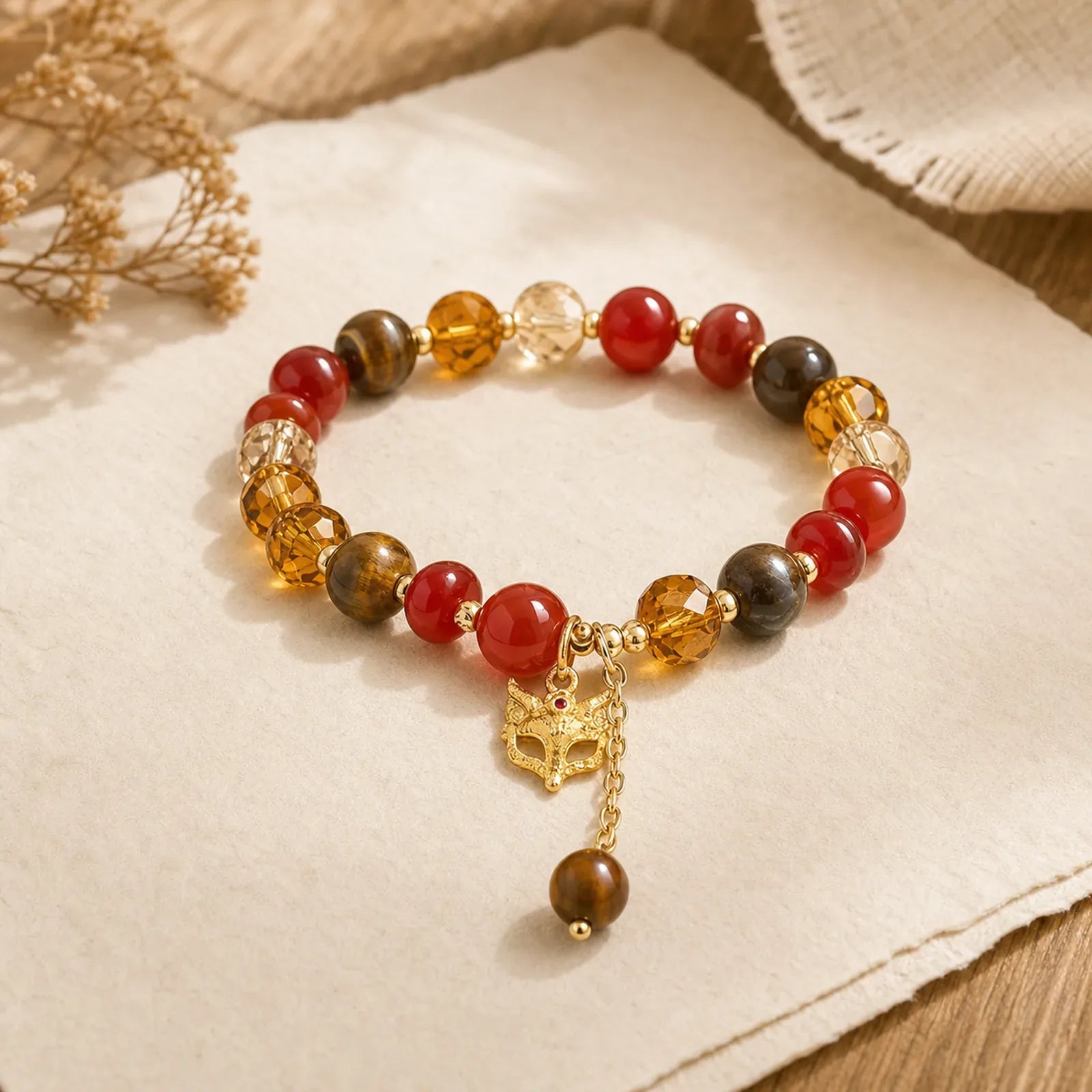 Red Agate Tiger Eye Fox Charm Calm Beaded Bracelet featuring Red Agate, Tiger Eye, Copper