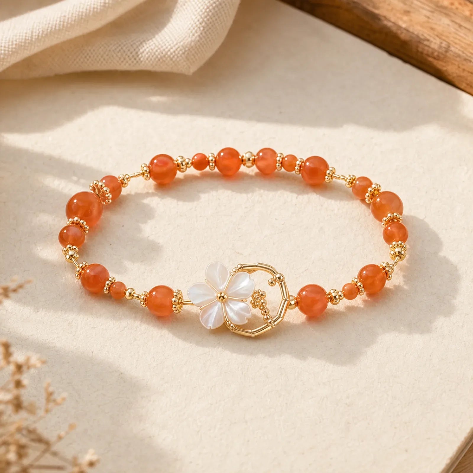 Red Agate Tridacna Stone Flower Confidence Bracelet featuring Red Agate, Tridacna Stone, Copper
