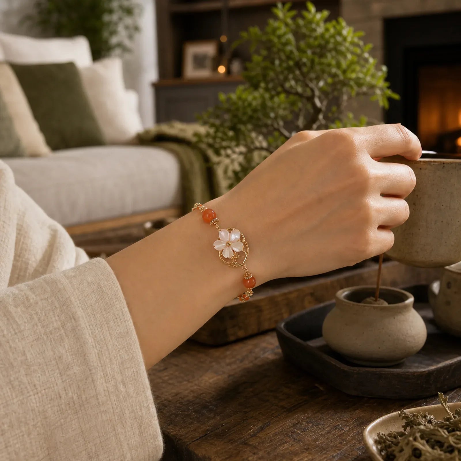 Red Agate Tridacna Stone Flower Confidence Bracelet featuring Red Agate, Tridacna Stone, Copper