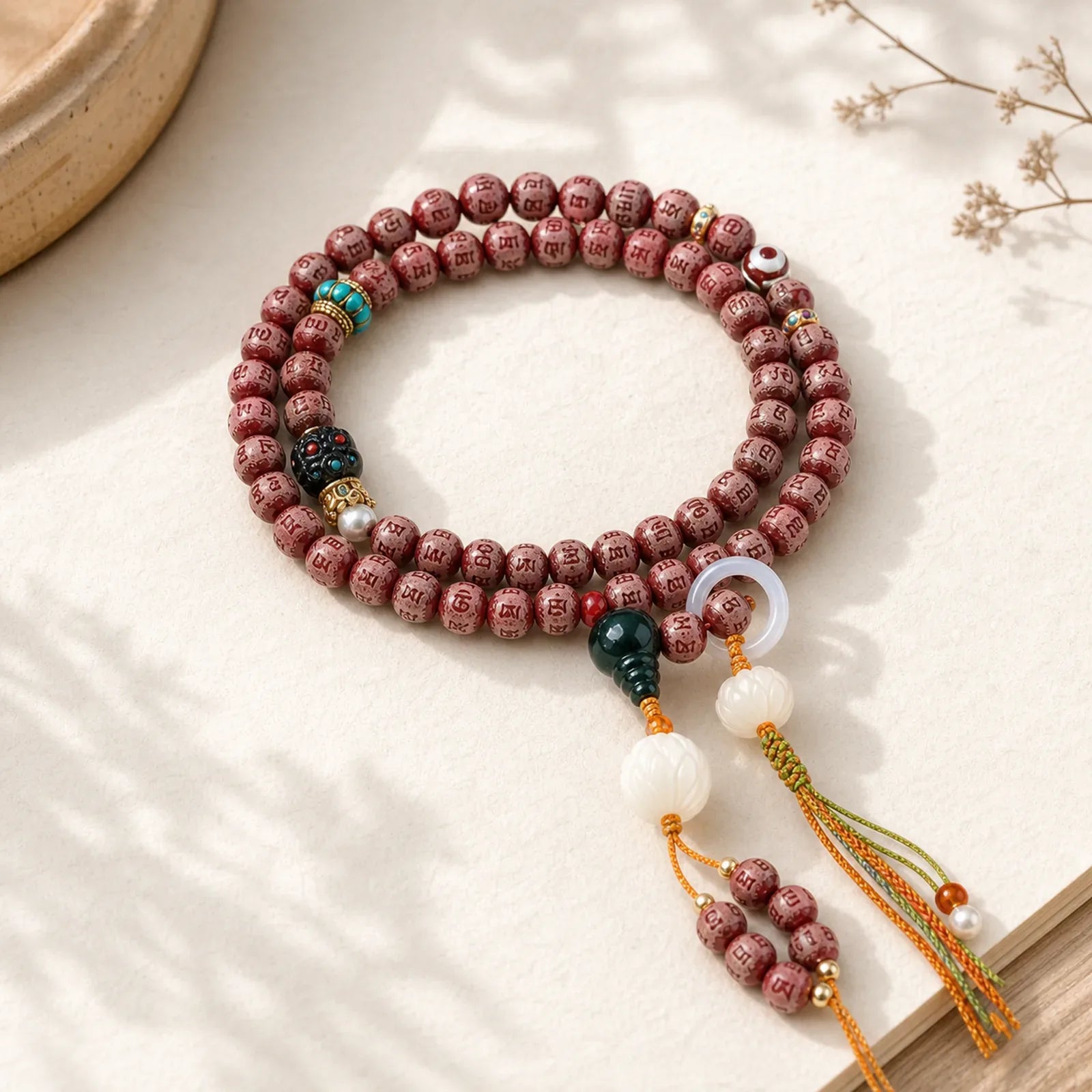 Red Bodhi Seed Om Mani Padme Hum Lotus Engraved Harmony Bracelet (Extra 30% Off | USE CODE: FS30) featuring Bodhi Seed, Om Mani Padme Hum, Om
