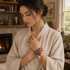 Red Bodhi Seed Om Mani Padme Hum Lotus Engraved Harmony Bracelet (Extra 30% Off | USE CODE: FS30) featuring Bodhi Seed, Om Mani Padme Hum, Om