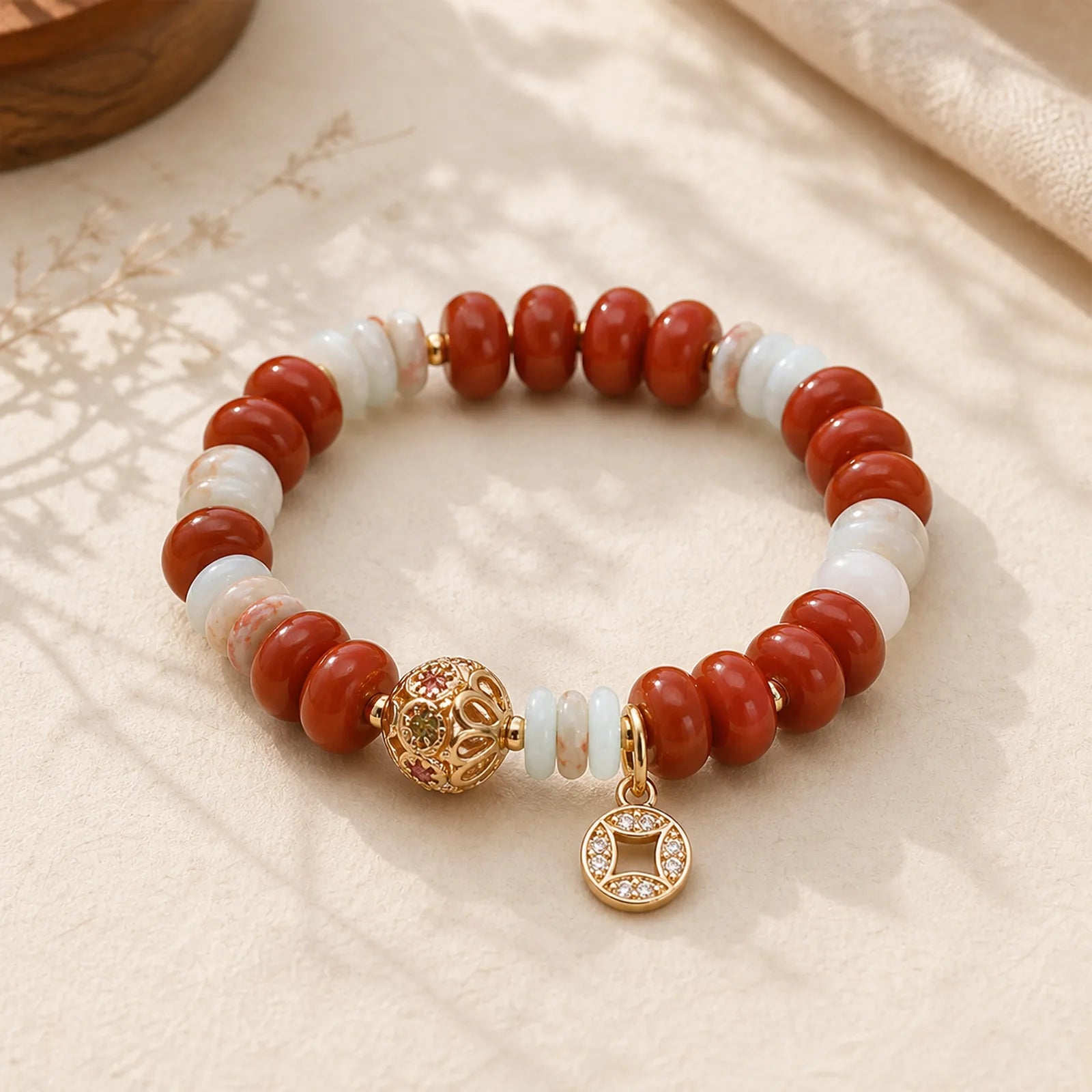 Red Jasper Shoushan Stone Abacus Beads Copper Coin Protection Bracelet featuring Red Jasper, Shoushan Stone, Copper