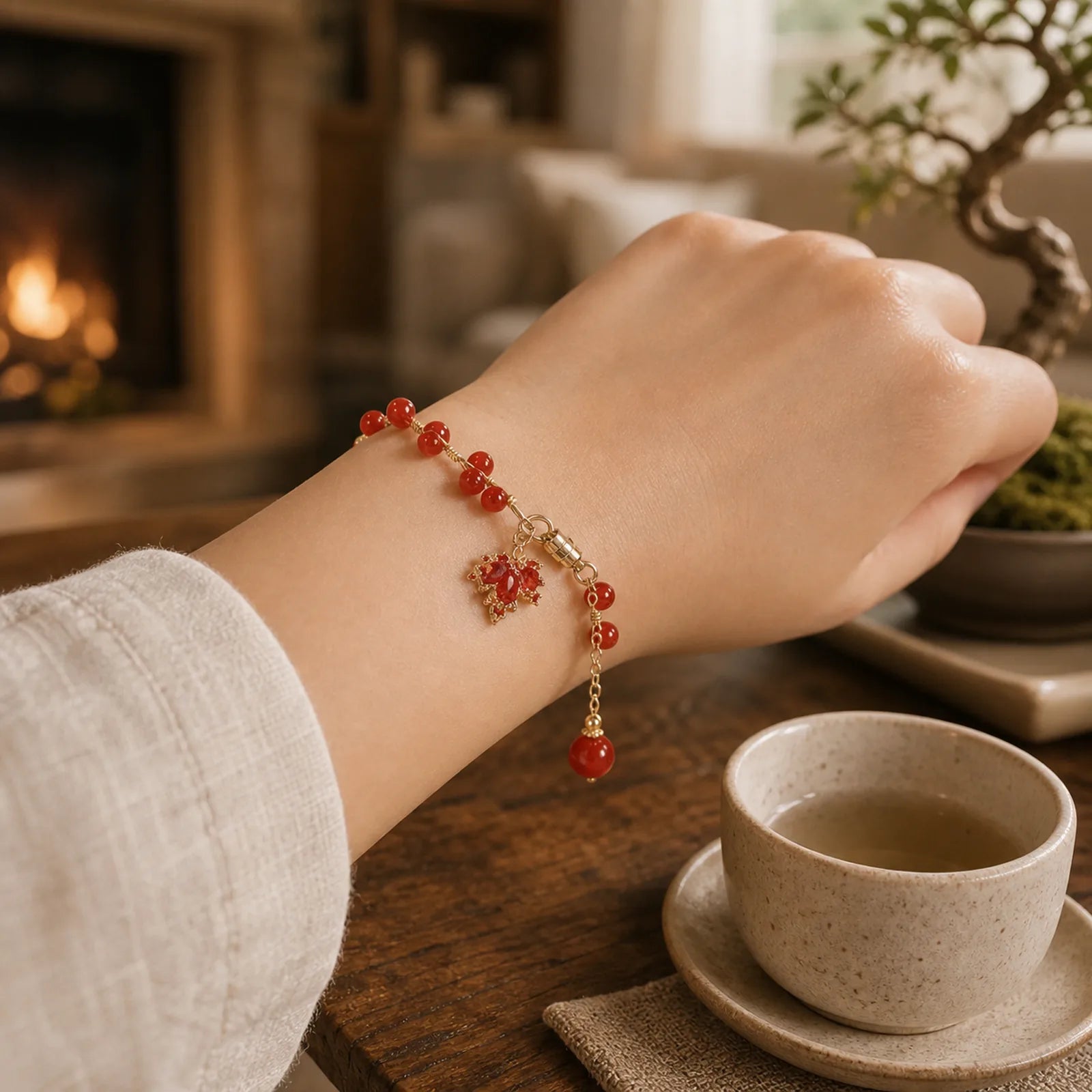 Red Maple Leaf Luck Charm Bracelet featuring Copper