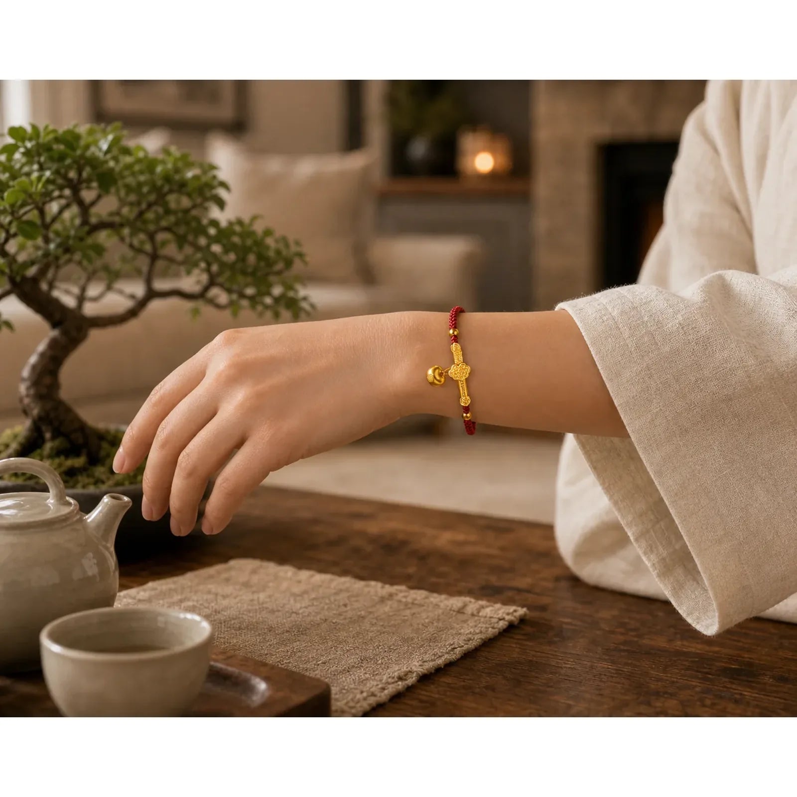 Red String Fu Character Ingot Ruyi Stick Luck Braided Bracelet featuring Red String, Fu Character
