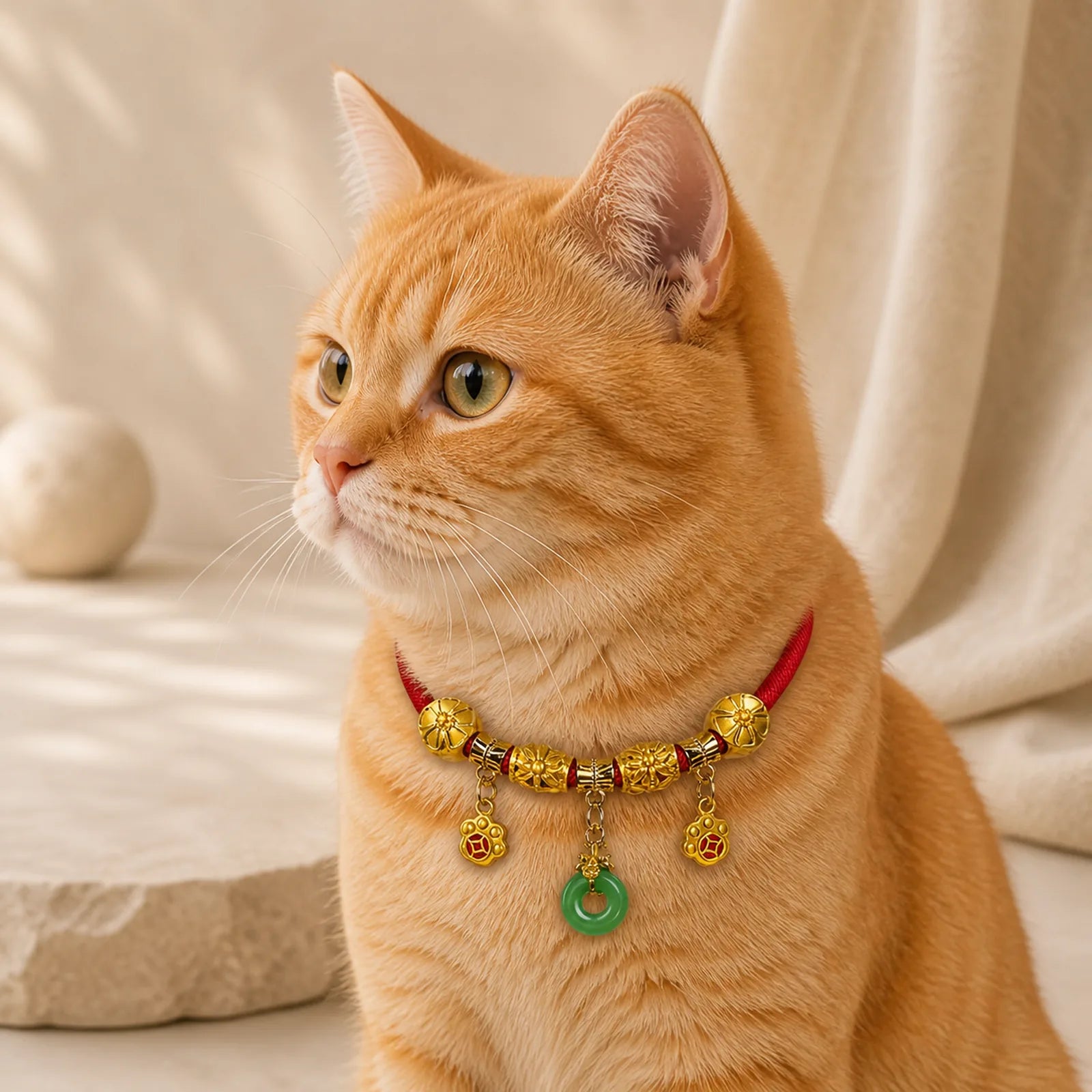 Red String Fu Character Peace Buckle Strength Adjustable Cats Dogs Pet Collar featuring Red String, Fu Character, Peace Buckle