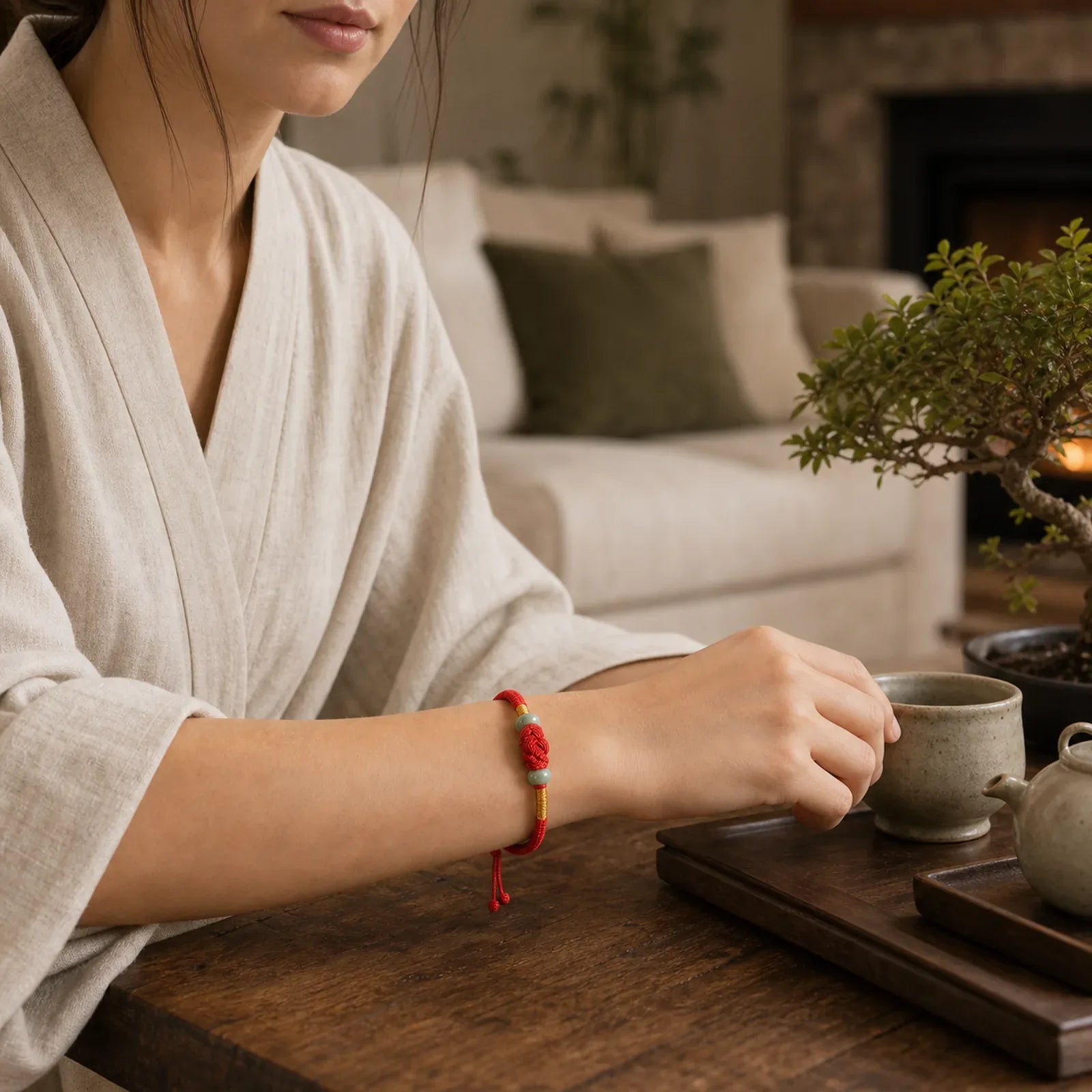 Red String Jade Luck Fortune Knot Braided Couple Bracelet featuring Red String, Jade