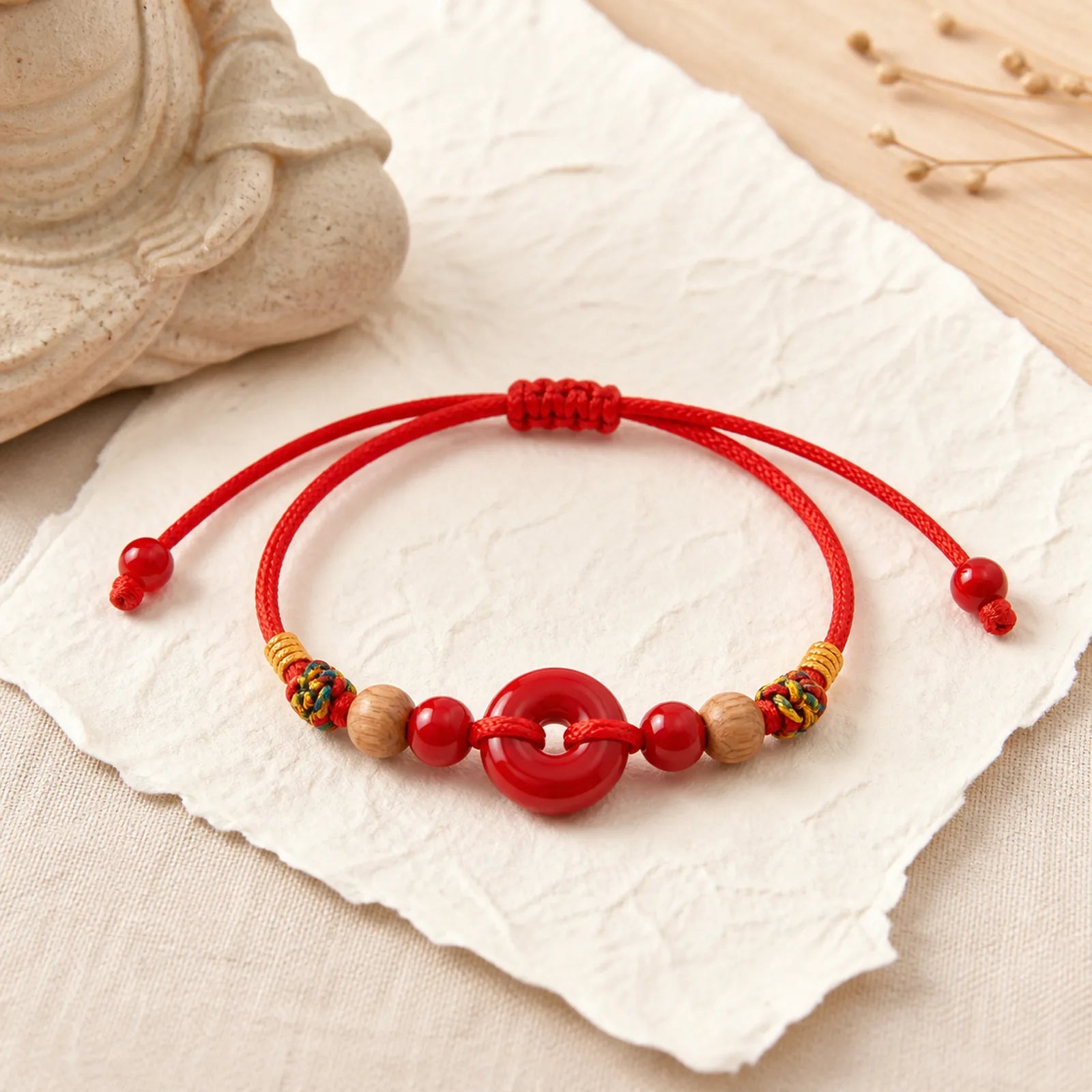 Red String Peach Wood Peace Buckle Cinnabar Protection Adult Kid Bracelet featuring Red String, Peach Wood, Peace Buckle