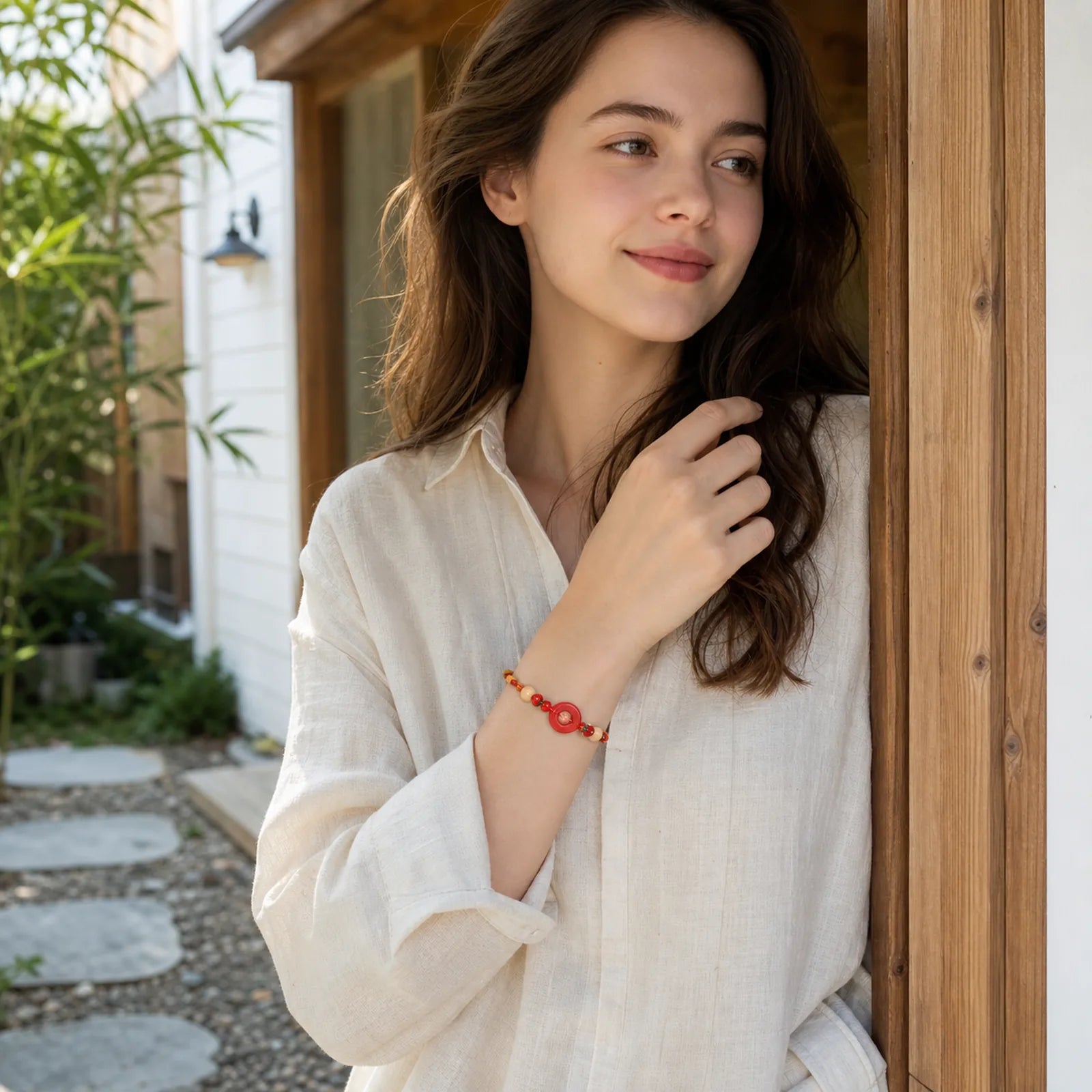Red String Peach Wood Peace Buckle Cinnabar Protection Adult Kid Bracelet featuring Red String, Peach Wood, Peace Buckle