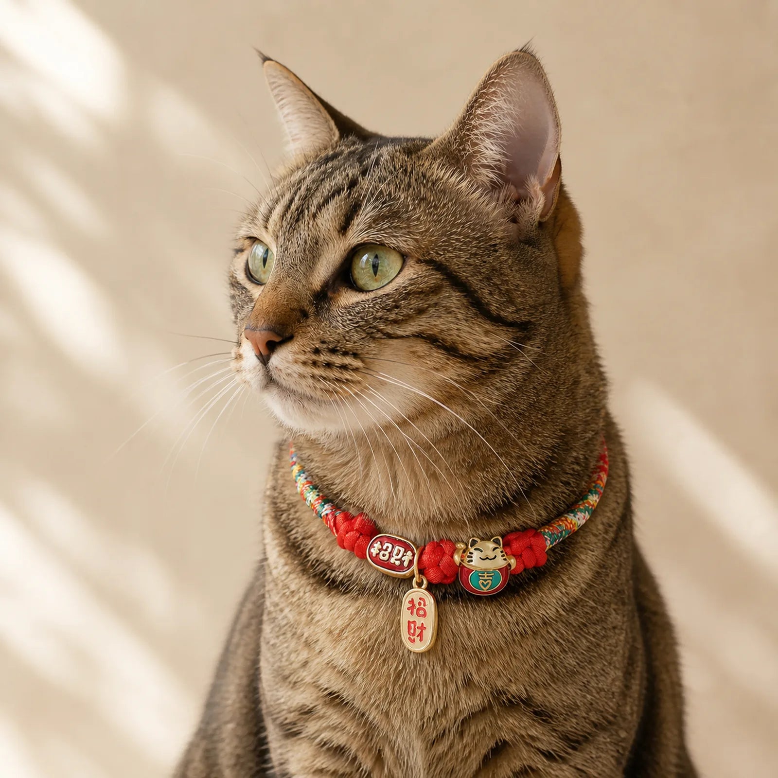 Red String Plaited Auspicious Fu Character Protection Adjustable Cats Pet Collar featuring Red String, Fu Character
