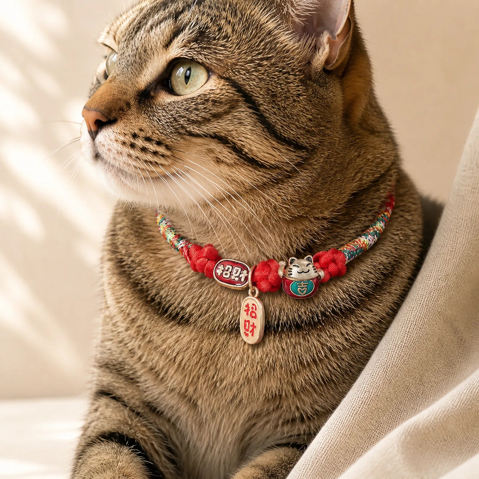 Red String Plaited Auspicious Fu Character Protection Adjustable Cats Pet Collar featuring Red String, Fu Character