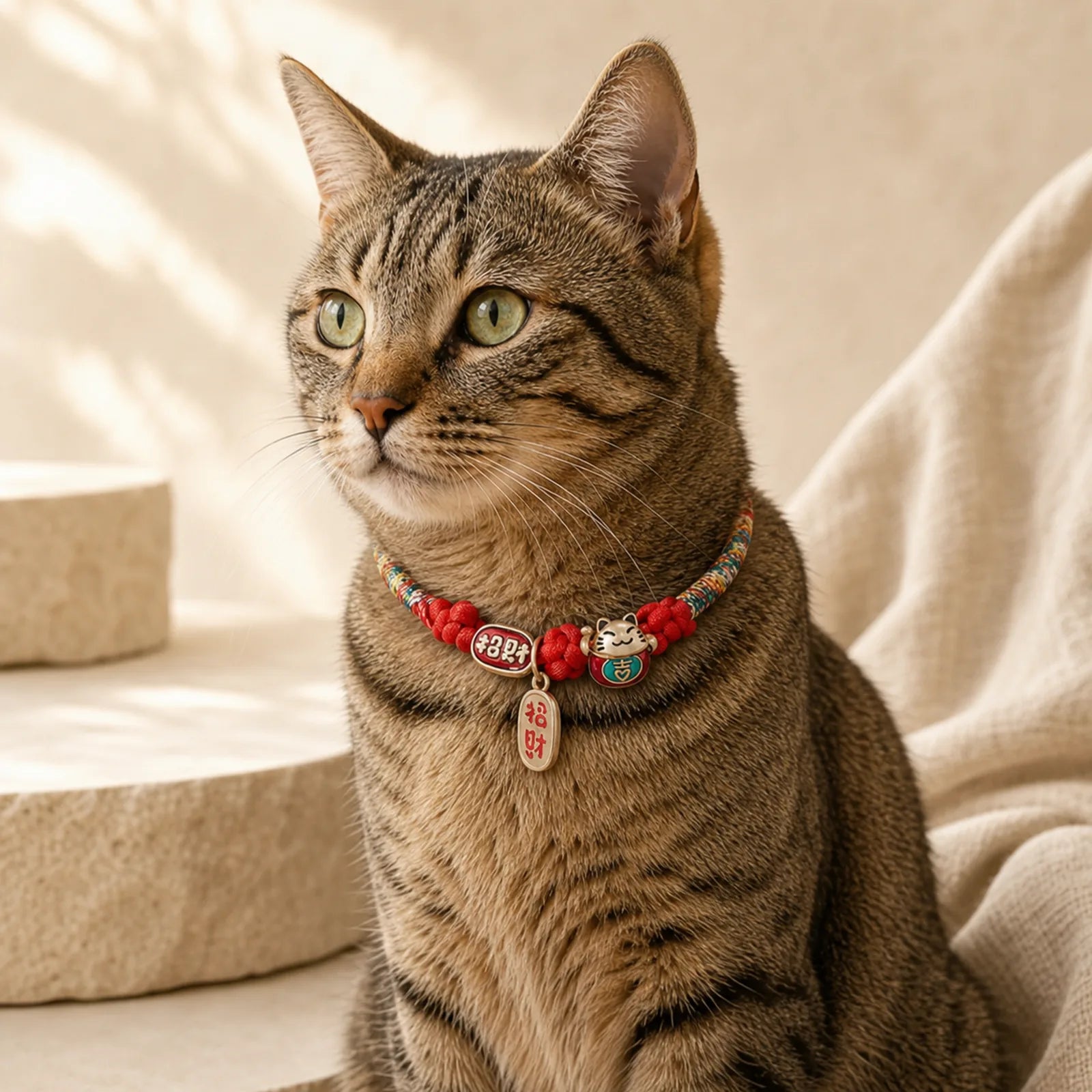 Red String Plaited Auspicious Fu Character Protection Adjustable Cats Pet Collar featuring Red String, Fu Character