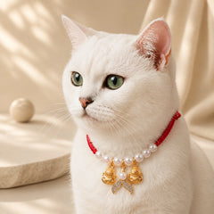 Red String Plaited Pearl Fish Tail Protection Adjustable Cats Pet Collar featuring Red String, Pearl, Fu Character