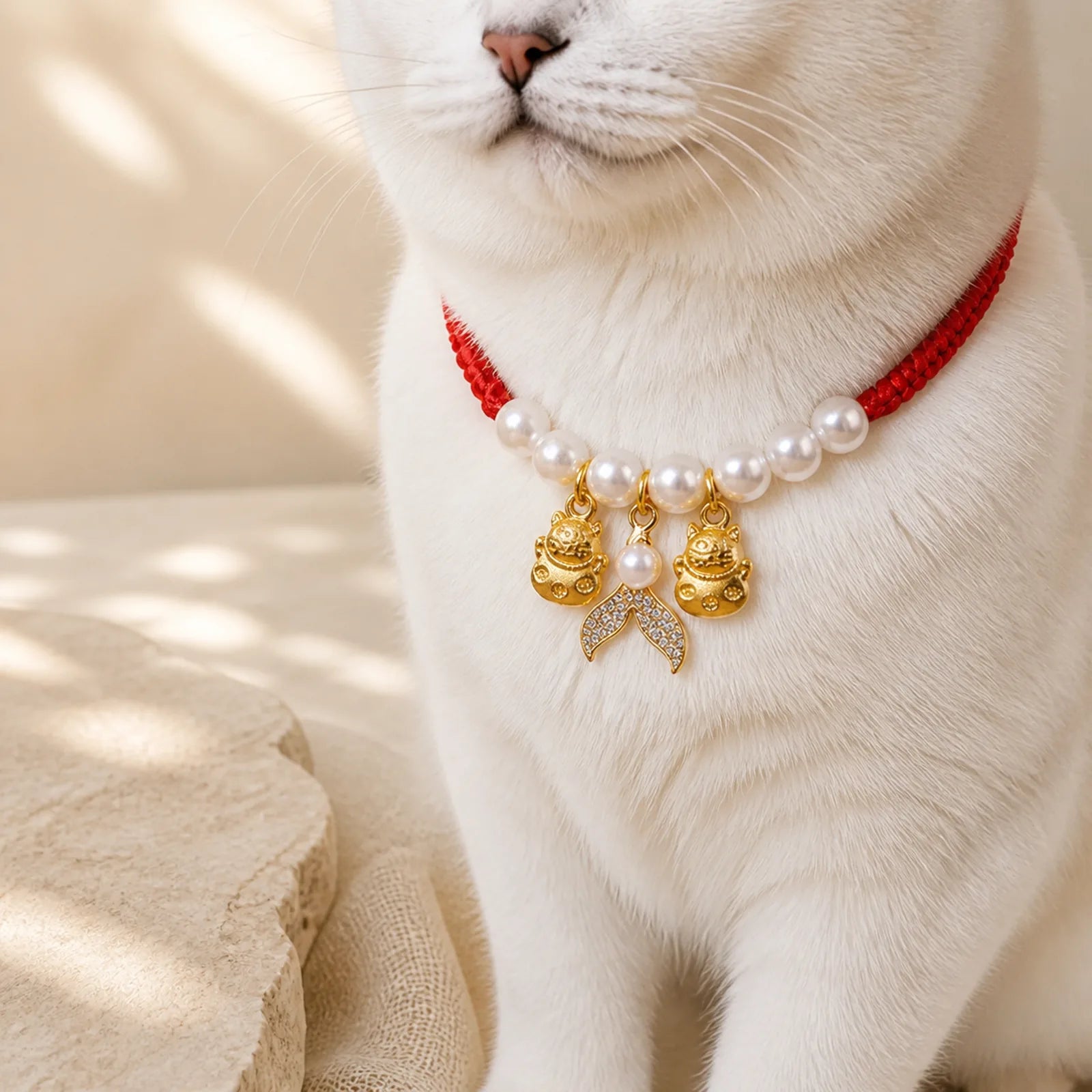 Red String Plaited Pearl Fish Tail Protection Adjustable Cats Pet Collar featuring Red String, Pearl, Fu Character