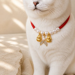 Red String Plaited Pearl Fish Tail Protection Adjustable Cats Pet Collar featuring Red String, Pearl, Fu Character