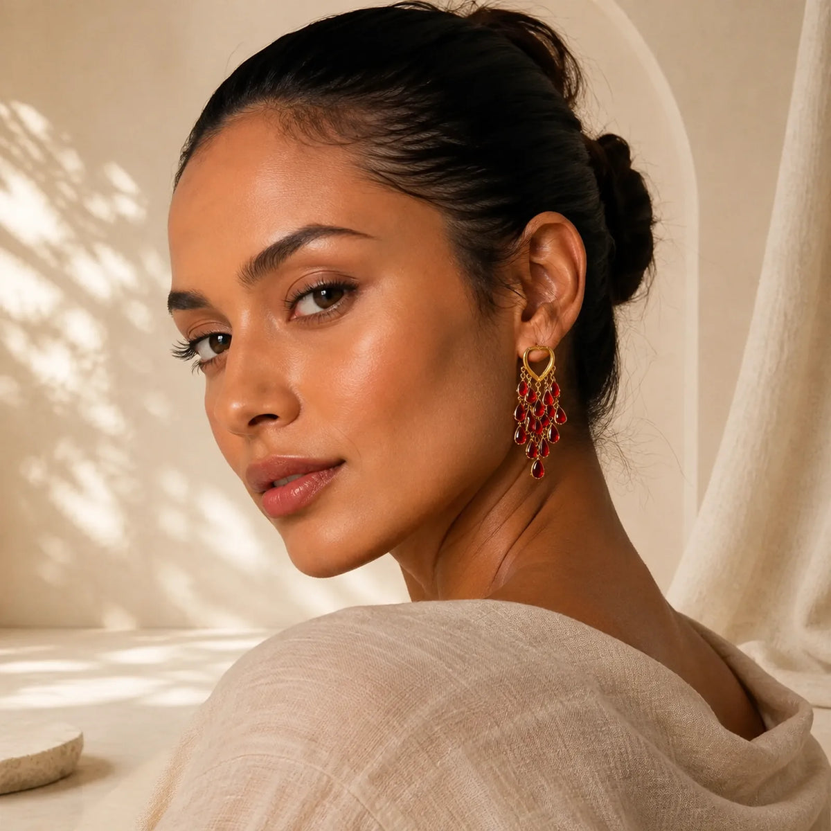 Red Water Droplet Tassel Healing Copper Hoop Earrings featuring Copper