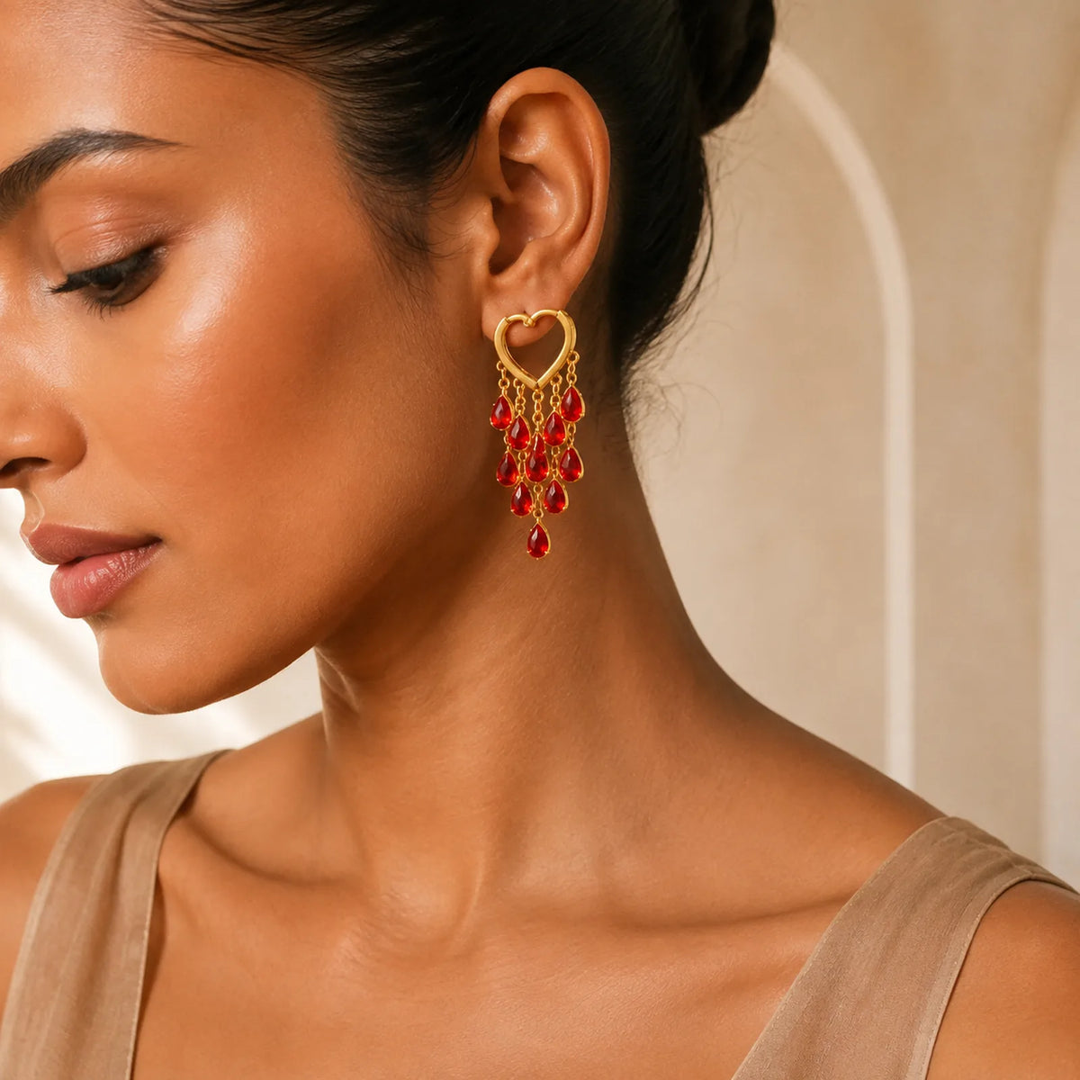 Red Water Droplet Tassel Healing Copper Hoop Earrings featuring Copper