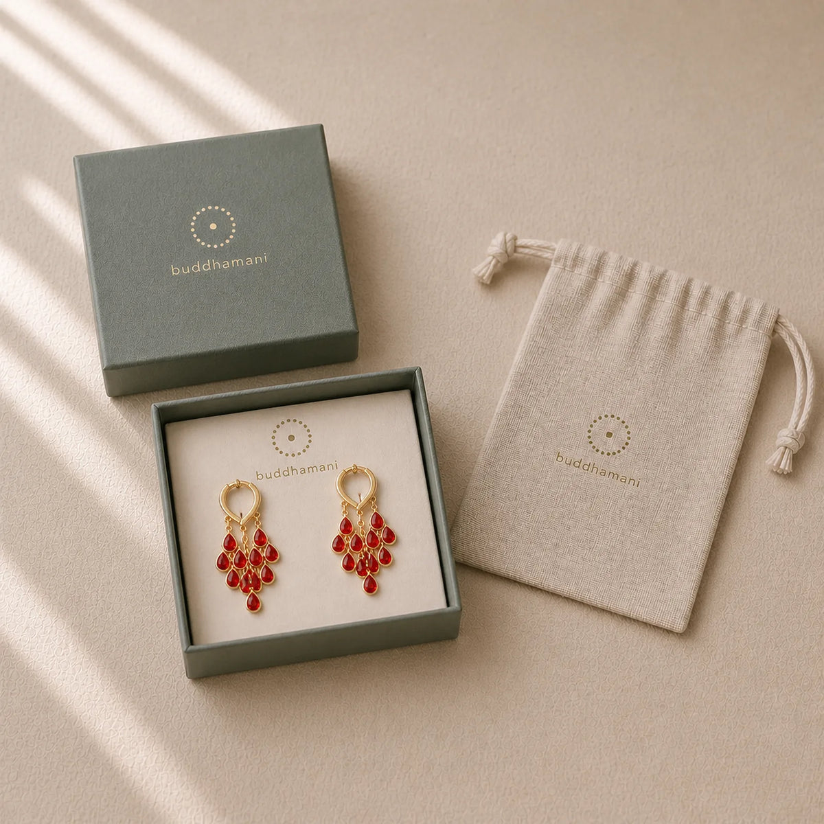 Red Water Droplet Tassel Healing Copper Hoop Earrings featuring Copper