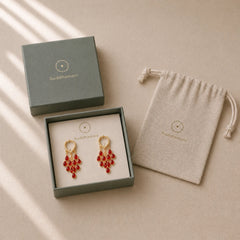 Red Water Droplet Tassel Healing Copper Hoop Earrings featuring Copper
