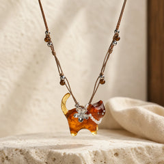 Resin Black Brown Cat Flower Pearl Bead Peace Necklace featuring Pearl, Copper