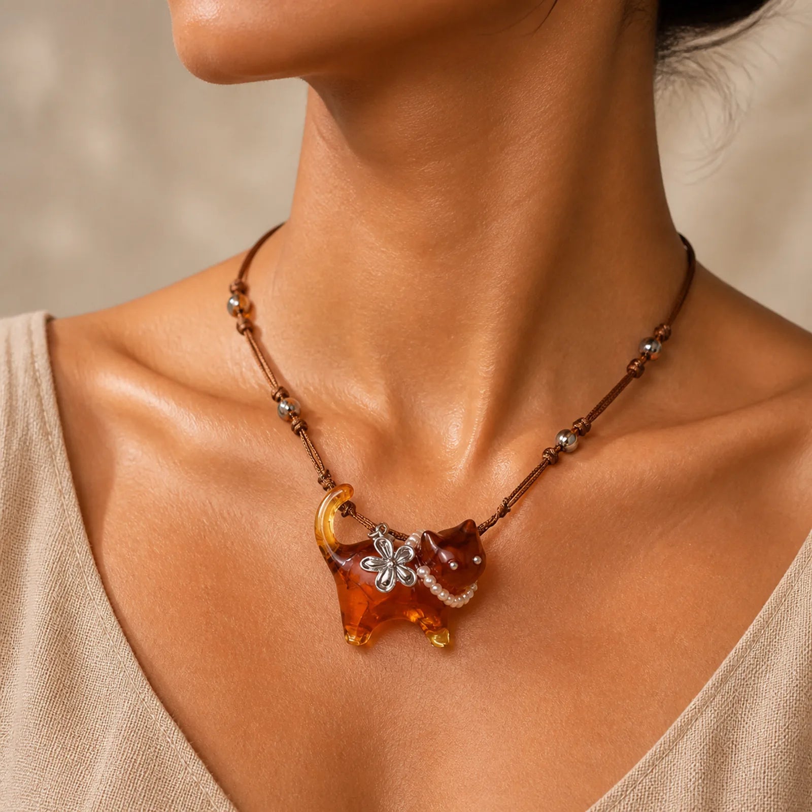 Resin Black Brown Cat Flower Pearl Bead Peace Necklace featuring Pearl, Copper