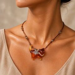 Resin Black Brown Cat Flower Pearl Bead Peace Necklace featuring Pearl, Copper