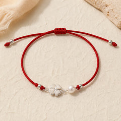 Retro 925 Sterling Silver Four Leaf Clover Pearl Luck Red String Bracelet featuring Silver, Pearl, Red String