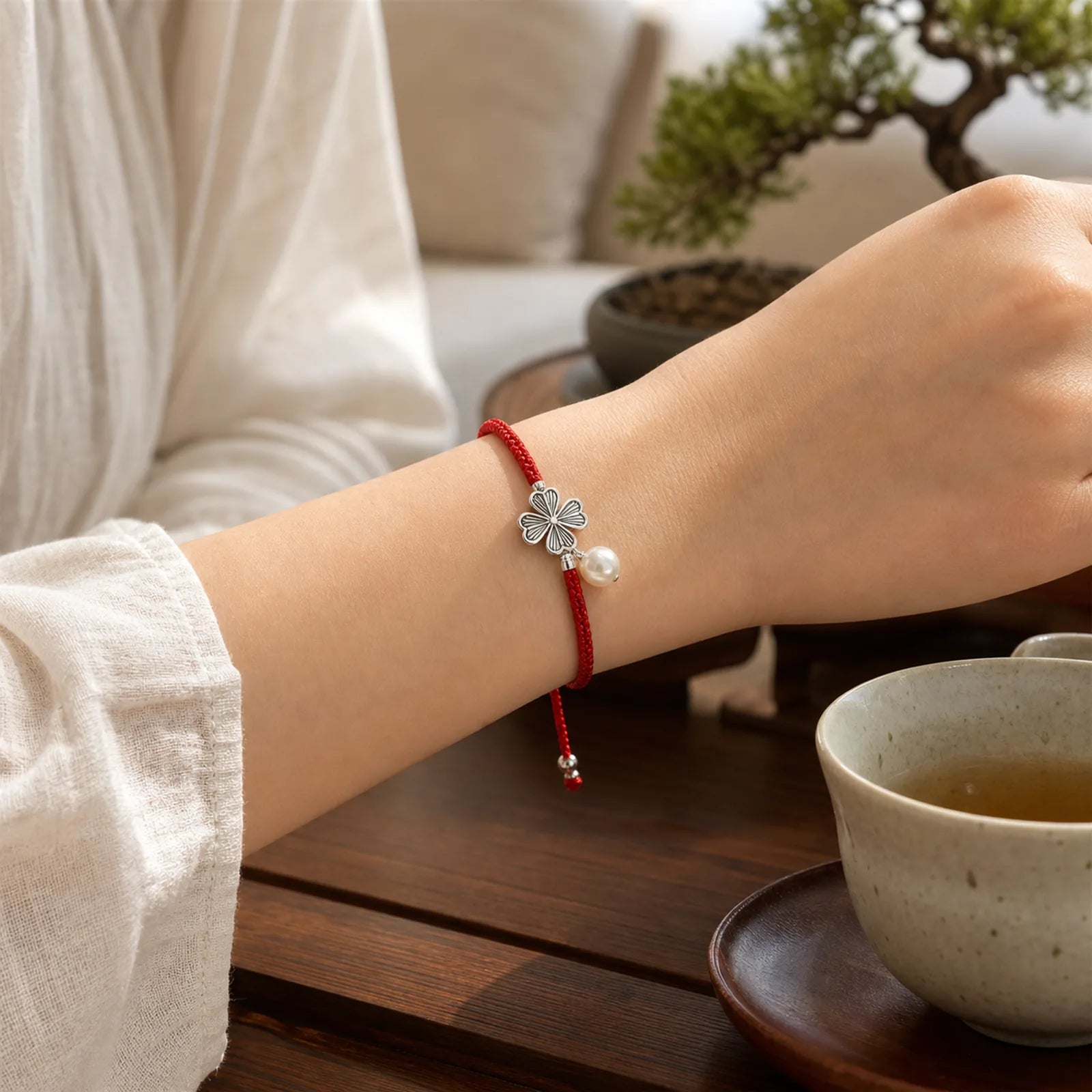 Retro 925 Sterling Silver Four Leaf Clover Pearl Luck Red String Bracelet featuring Silver, Pearl, Red String