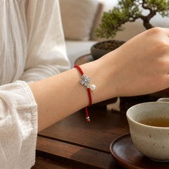 Retro 925 Sterling Silver Four Leaf Clover Pearl Luck Red String Bracelet featuring Silver, Pearl, Red String