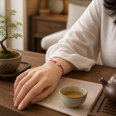 Retro 925 Sterling Silver Ruyi As One Wishes Red String Braided Luck Bracelet featuring Silver, Red String