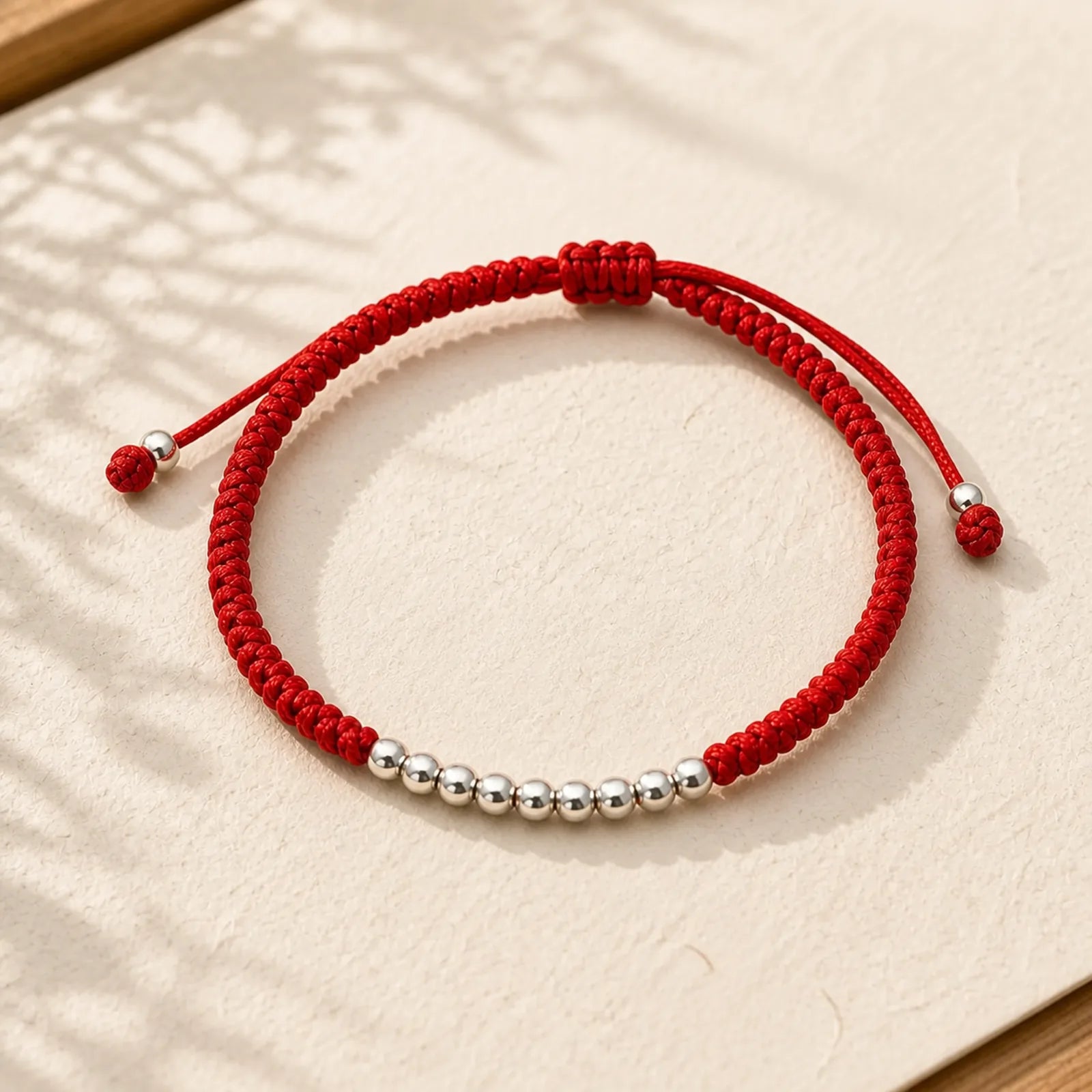 Retro 925 Sterling Silver Simple Beads Knot Design Luck String Bracelet featuring Silver, Red String