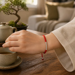 Retro 925 Sterling Silver Simple Beads Knot Design Luck String Bracelet featuring Silver, Red String