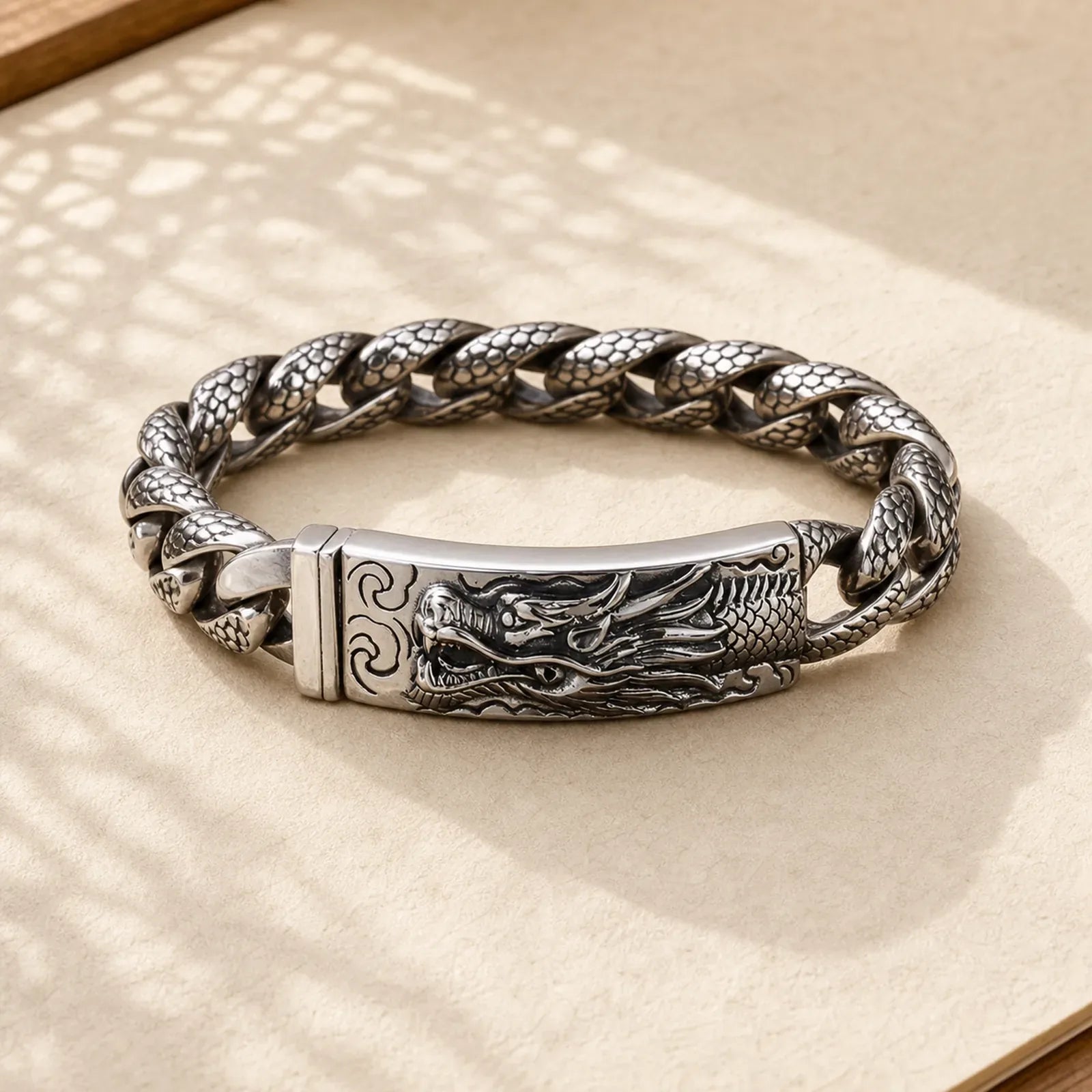 Retro Dragon Scale Pattern Engraved Protection Bracelet featuring Dragon, The Phoenix, Phoenix