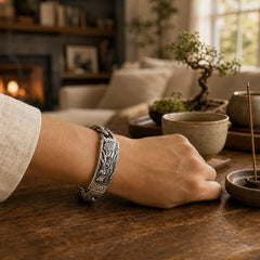 Retro Dragon Scale Pattern Engraved Protection Bracelet featuring Dragon, The Phoenix, Phoenix